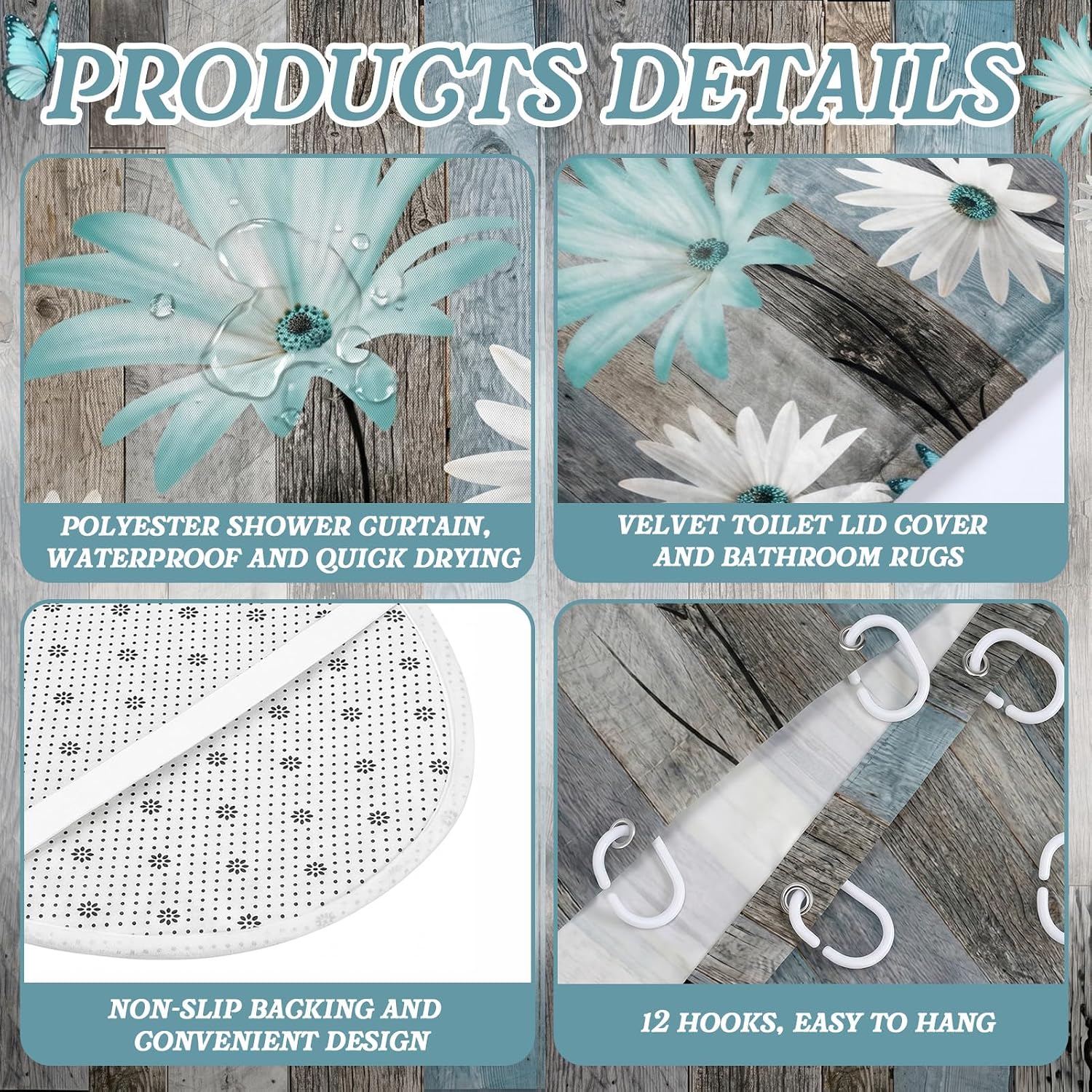 Britimes Bathroom Sets with Shower Curtain and Rugs Set of 10 Teal Wooden