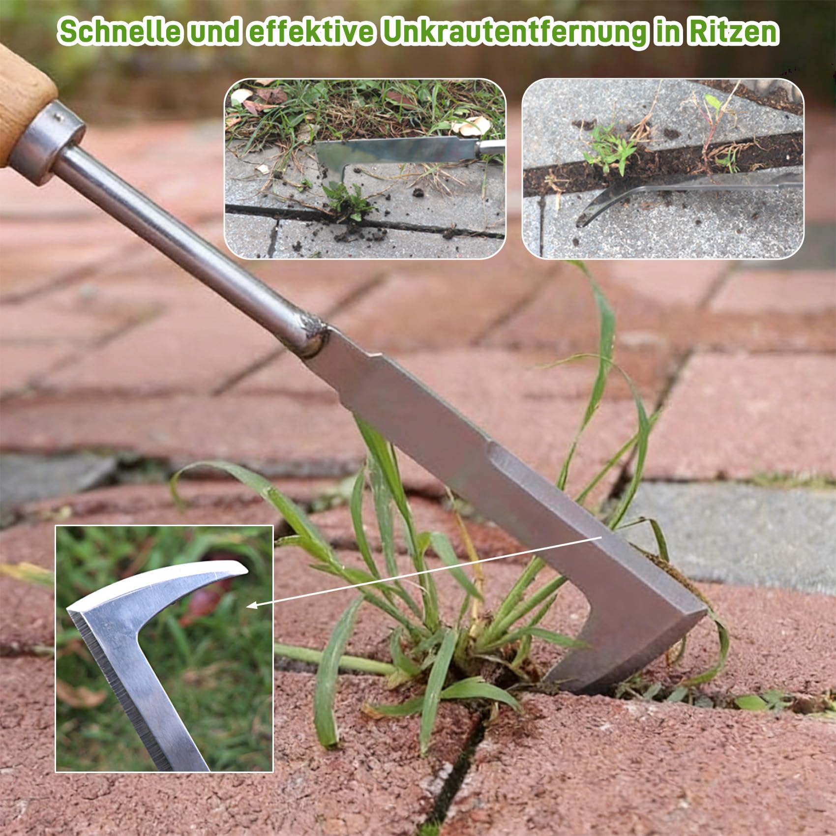 Set di Tre Pezzi per Rimuovere Le Erbe: Crack Weeder per guarnizioni, Coltello da Erba con Gancio a Mezzaluna e diserbatore Manuale a Forma di V - Set di Attrezzi