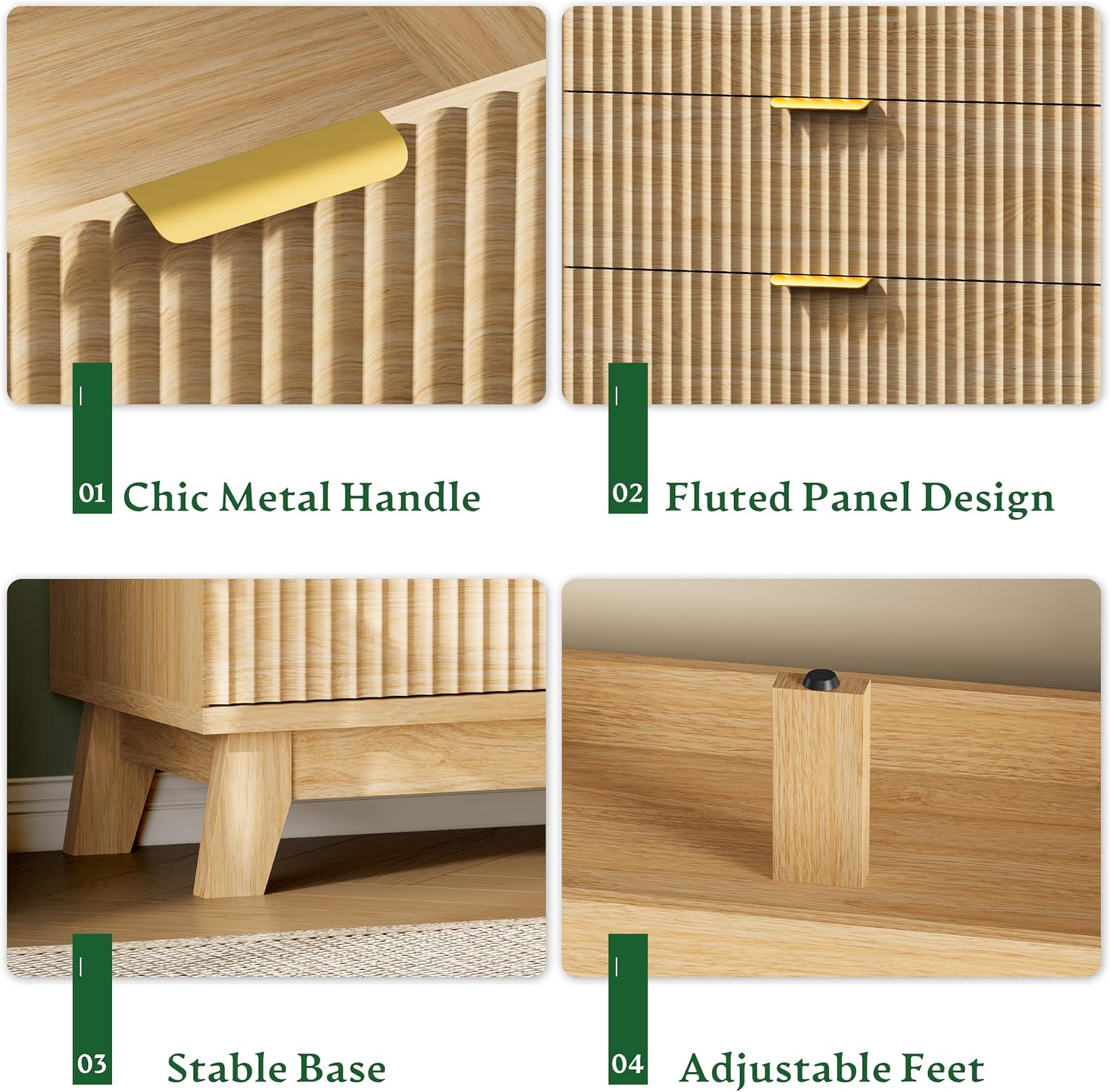 Fluted Dresser with 9 Drawers, 63" Wide Modern Chest of Drawers with Metal Handle, Wooden Dresser TV Stand, Wood Closet Clothes Storage Organizer for Bedroom, Living Room, Hallway, Natural Oak