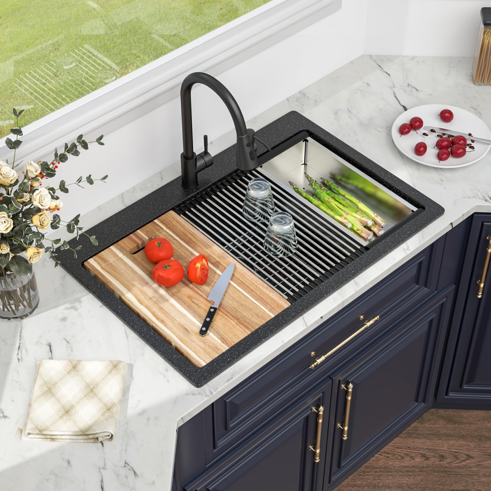 Photo 1 of Kichae 33 Drop In Kitchen Sink - 33"x22" Granite Composite Workstation Sink Black Drop In Granite Quartz Composite Kitchen Sink Single Bowl with Pull Down Faucet Combo