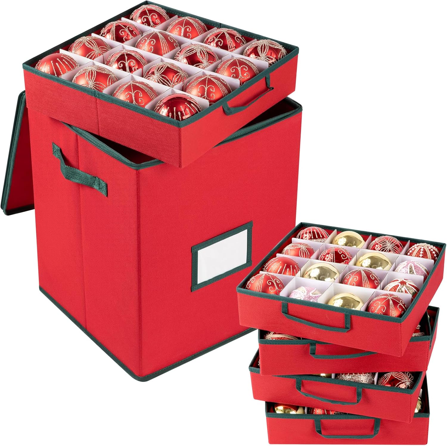 OIAHOMY Ornament Storage Box Holds 80 Christmas Ornaments, Christmas Ornament Storage Include Trays and Zippers, Ornament Organizer with Handle, Made of 600D Oxford Fabric - Red Red 80 - 3" Ornaments: 13" x 13" x 16.8"