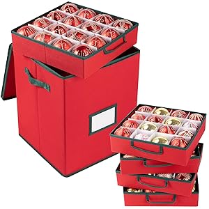 OIAHOMY Ornament Storage Box Holds 80 Christmas Ornaments, Christmas Ornament Storage Include Trays and Zippers, Ornament Organizer with Handle, Made of 600D Oxford Fabric - Red