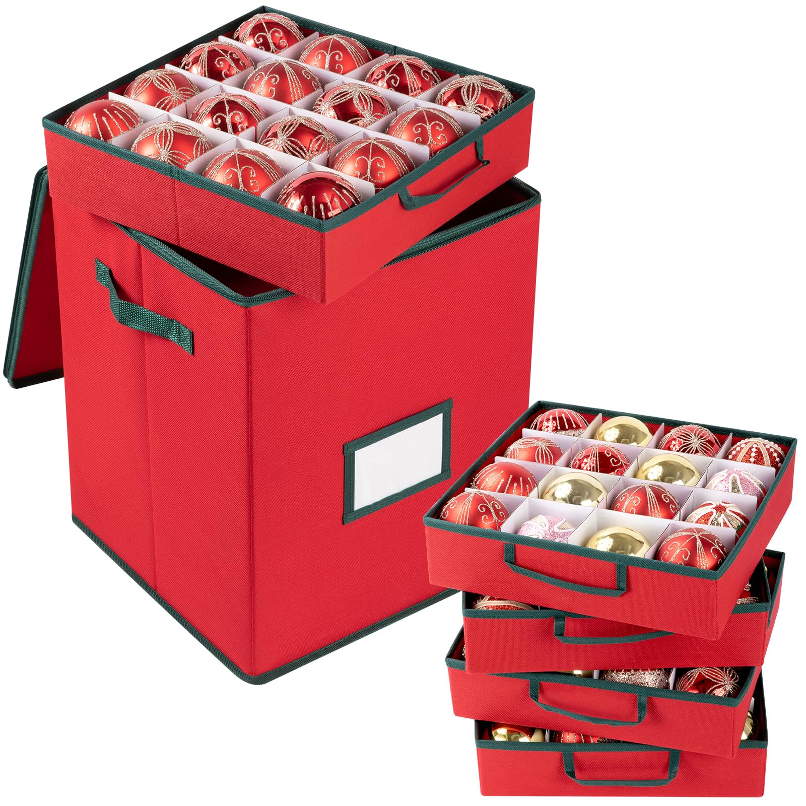 OIAHOMY Scatola portaoggetti per ornamenti natalizi con manico, scatole natalizie con 5 vassoi e cerniere, contiene 80 ornamenti, decorazioni natalizie in tessuto Oxford 600D, rosso