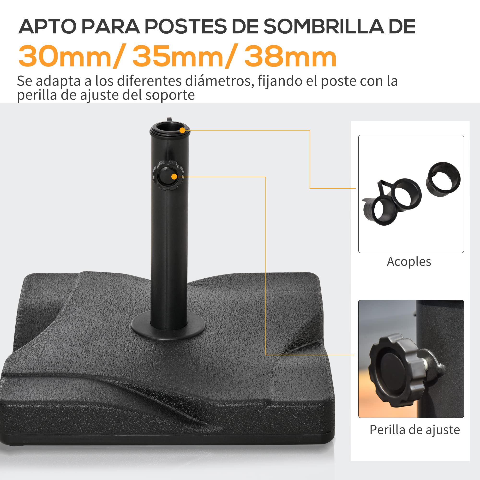 Outsunny Base de Sombrilla de Jardín Peso 20 kg Apta para Distintos Diámetros de Poste Ø32mm, Ø38mm, Ø48mm Rellena con Cemento Estable 41,5x41,5x33cm Negro
