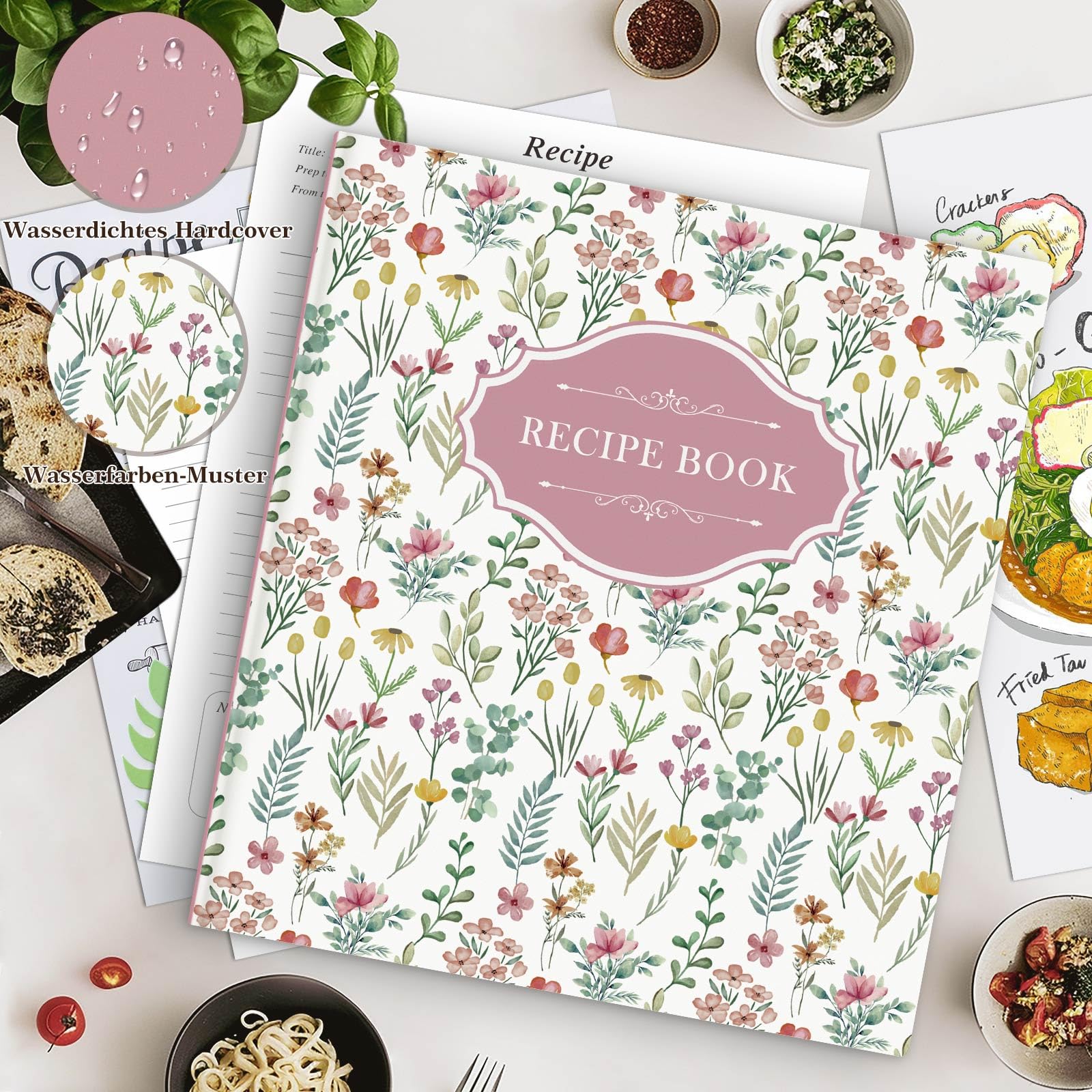 Lanpn Rezepte Ordner 3 Ringen für Kochrezepte, Kochbuch Selbst Schreiben, DIY Recipe Binder Rezeptordner mit 8 Trennblättern und 2 Aufklebern, Leder Rezeptbuch zum Selberschreiben, Rose, Englisch