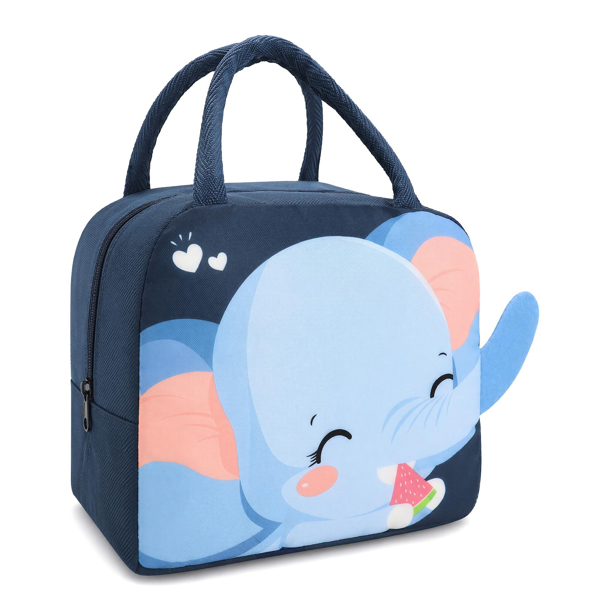 Lunch Bag Kids Reusable Cute Cartoon Insulated Lunch Box, Packed Lunch Cooler Bags Tote Picnic Bag Small Foldable for Women, Men, Kids and Students School Picnic Travel Beach (Navy Blue Elephant)