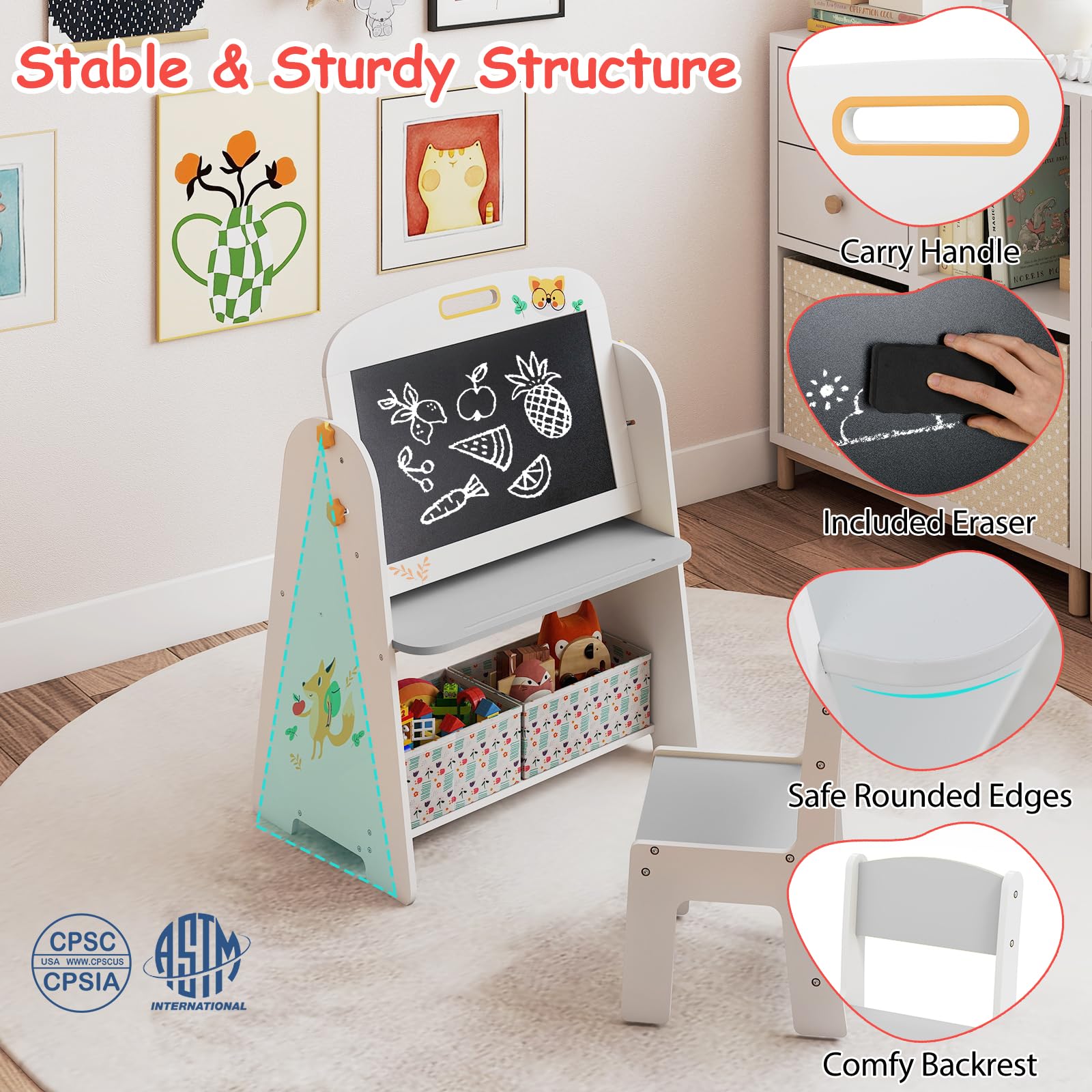 LIFEZEAL Juego de Mesa y Silla Infantil de Madera, Mesa Actividades Multifuncional con Diseño Ergonómico y Bloques de Construcción, Muebles Seguros para Niños de 1 a 5 Años (Blanco grisáceo)