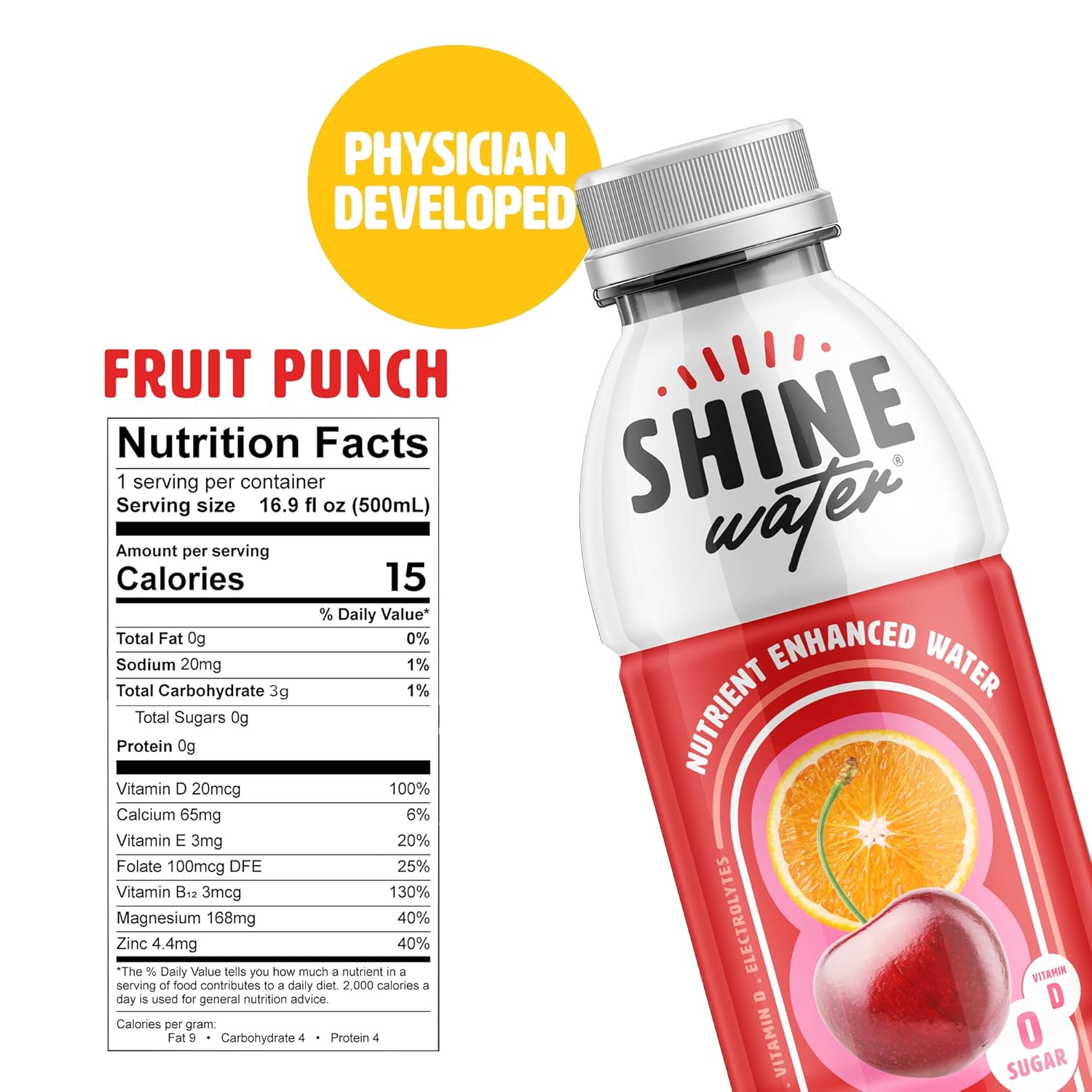 ShineWater Fruit Punch - Pack of 12 (16.9 Fl Oz Each) - Naturally Flavored Electrolyte Water with Vitamin D, Powerful Hydration and Plant-Based Antioxidants, Zero Sugar, Low Calories! : Grocery & Gourmet Food