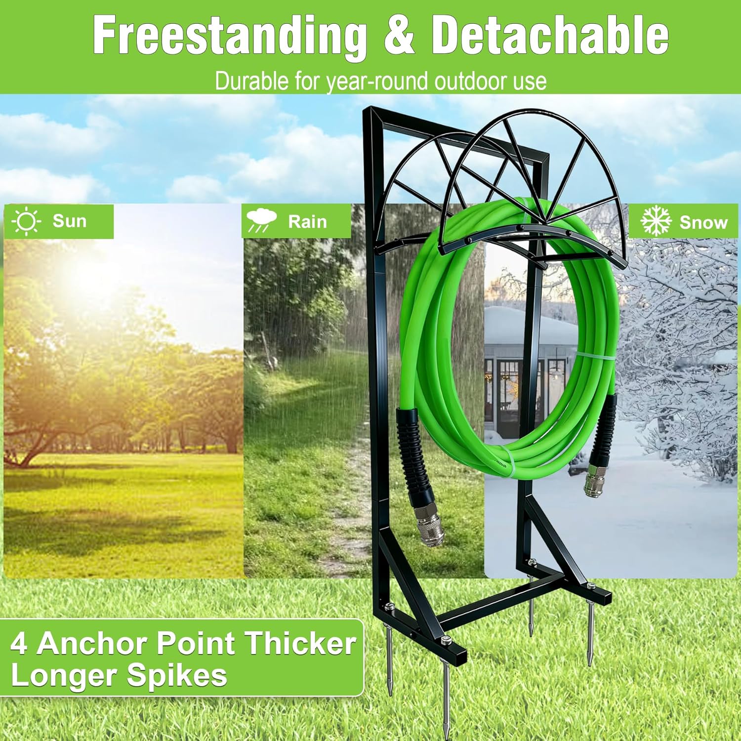 Hose Holder for Garden, Heavy Duty 150FT Freestanding Hose Rack Outdoor with 4 Steel Anchors, No Drill Rust-Proof Water Hose Organizer for Yard, Lawn, Patio, 40 Inch Standing Hose Reel