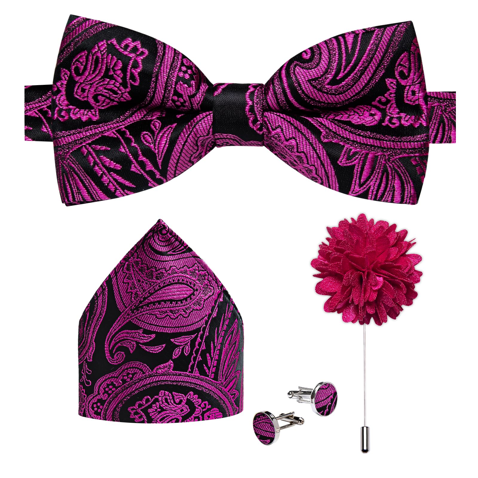 DiBanGu Pre-Tied Bow Ties for Men Silk Adjustable Tuxedo Bowties Pocket Square Cufflinks Set with Lapel Pin Jacquard Woven
