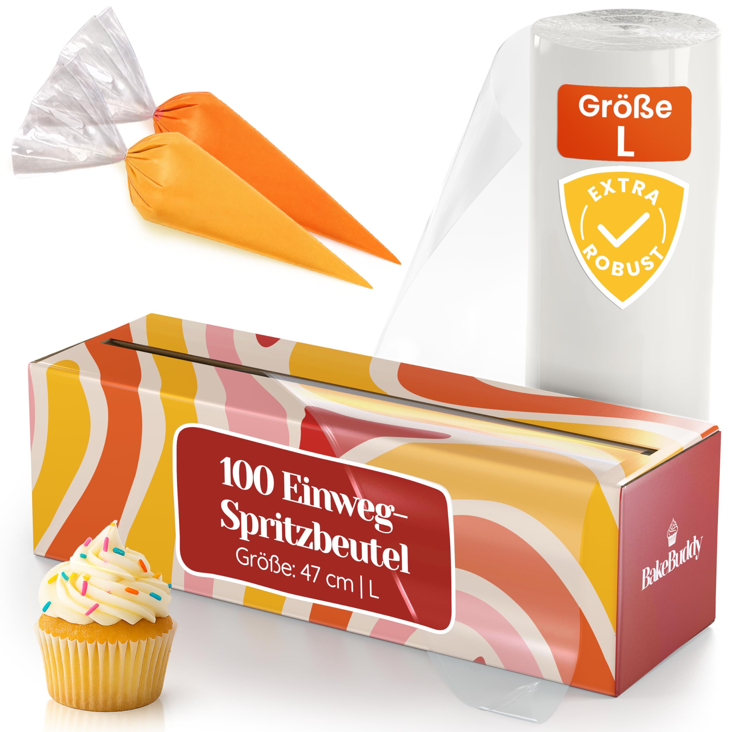 BakeBuddy Premium Einweg-Spritzbeutel (100 Stück, L/47 cm) – Extra robuste Spritztüten aus recycelten LDPE Material zum Dekorieren von Torten & Gebäck und Backen von Plätzchen & Keksen reißfest