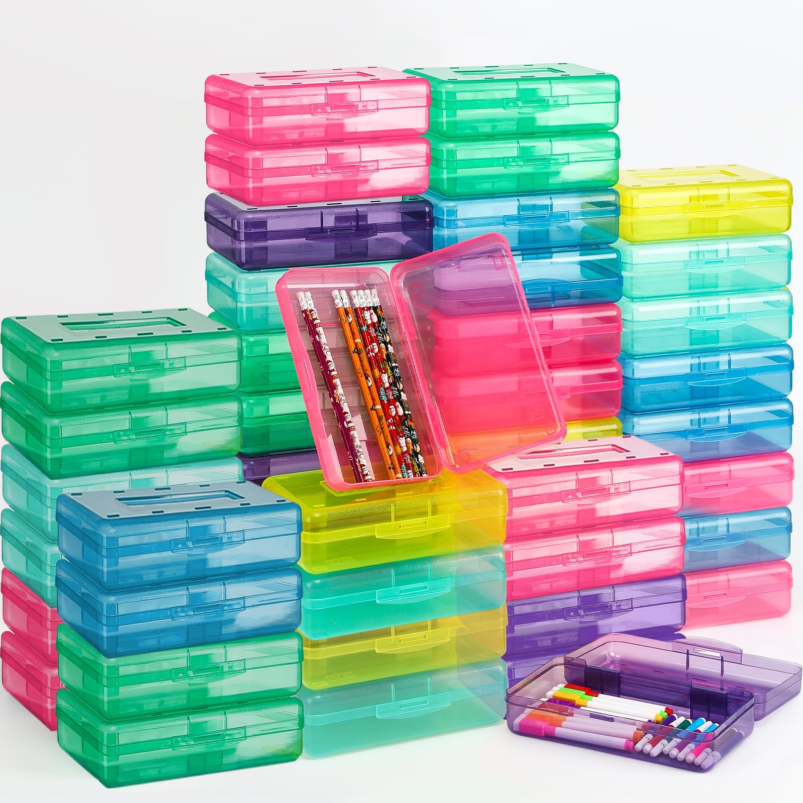48 Sets End of the Year Gifts Bulk for Student Pencil Boxes Summer Graduation Gifts from Teacher Large Clear Plastic Pencil Case Back to School Supplies Classroom Stationery Organizer(Colorful)