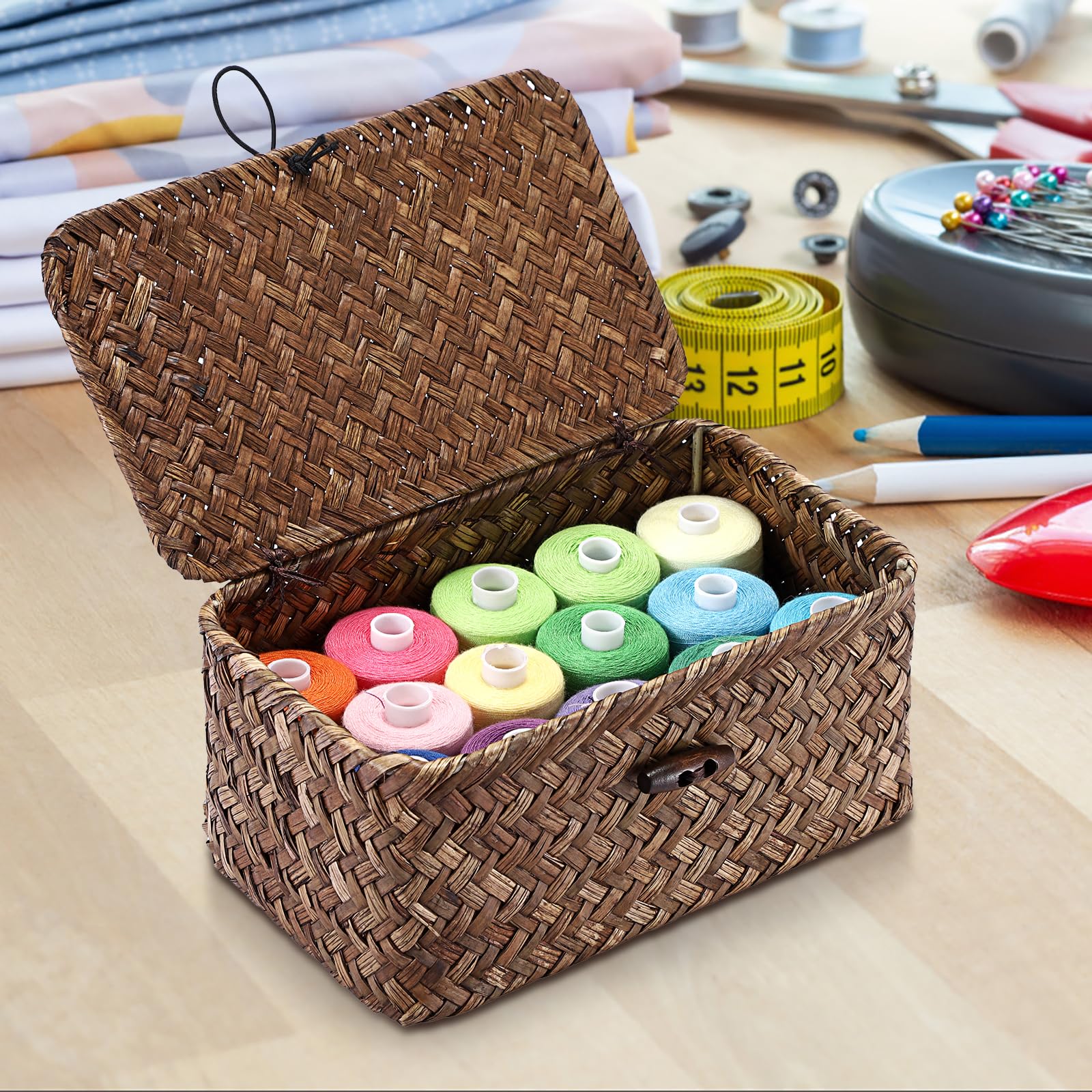 IGNPION Seagrass Desk Storage Basket with Lid, Small Wicker Entryway Keys Basket, Bathroom Organiser Box - Image 4