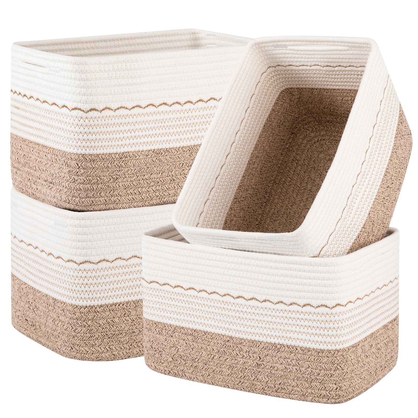 4 Pack Storage Baskets for Organizing, 13"X9"X7.87", Decorative Cotton Rope Baskets for Shelves, Small Woven Basket for Toys, Books and Towels, Brown & White