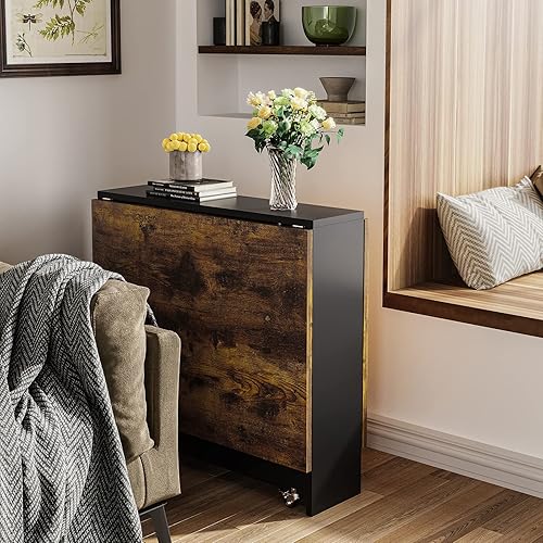 Miniatura 7 de Tiptiper Mesa de comedor plegable con 6 ruedas, mesa de cocina plegable con estante de almacenamiento de 2 capas, mesa de comedor que ahorra espacio