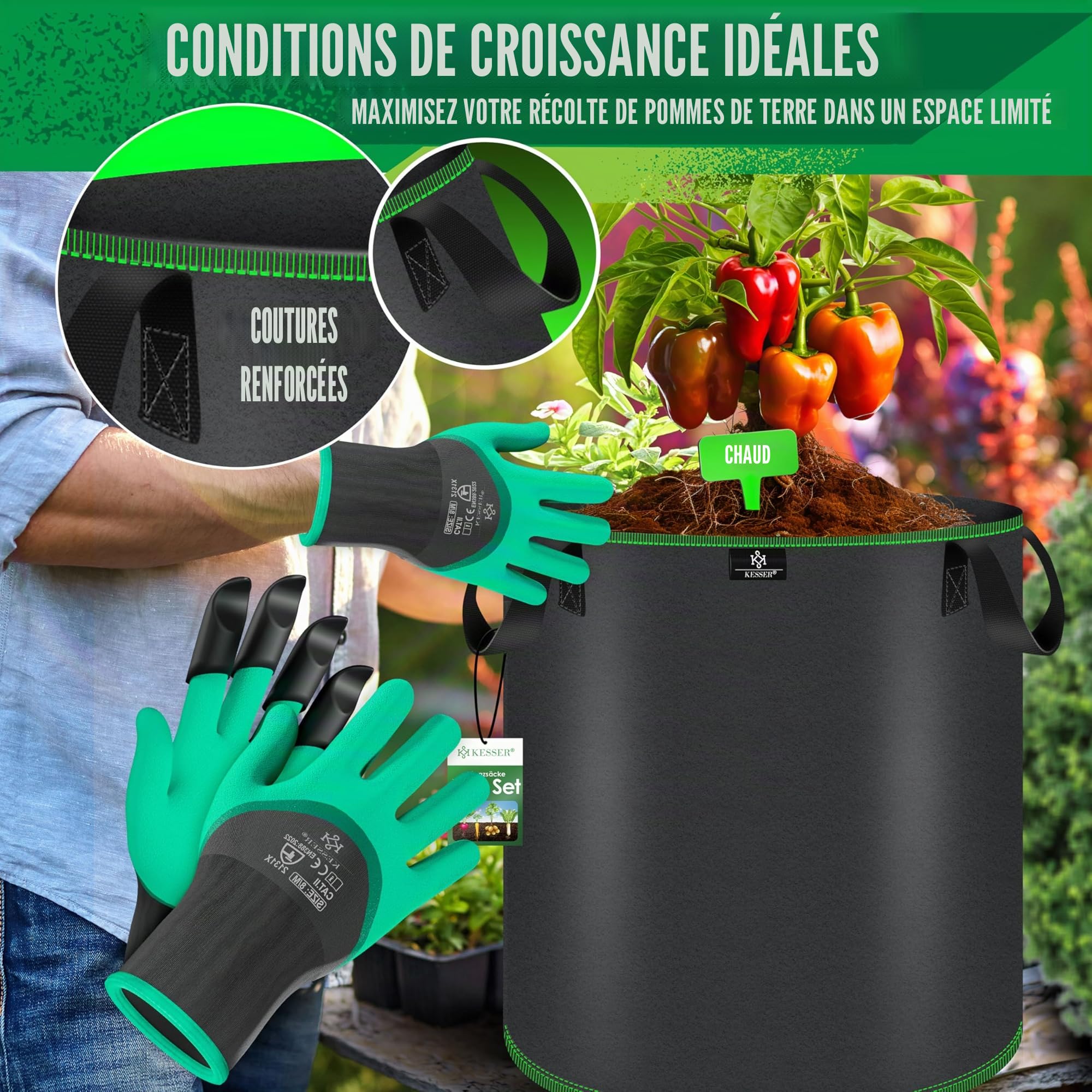 KESSER® Lot de 10 Sac de Plantation 27 litres | Sacs de Plantation en Tissu Non Tissé avec Etiquettes Nominatives | Sac de Plantation de Pommes de Terre avec Fenêtre & Poignées | Noir
