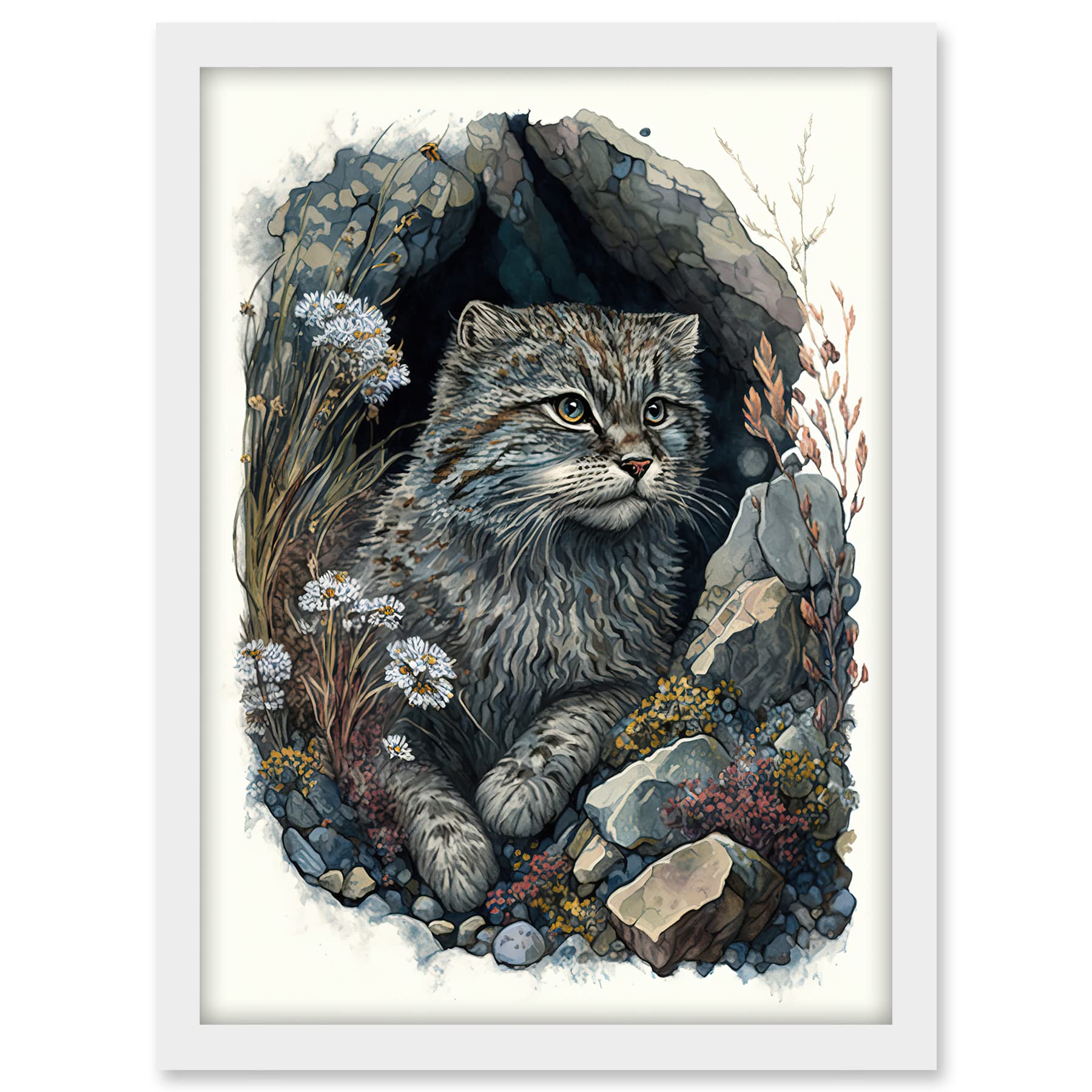 Artery8 Wild Cat in Rock Cavity with Wildflowers Detailed Watercolour Illustration Artwork Framed A3 Wall Art Print