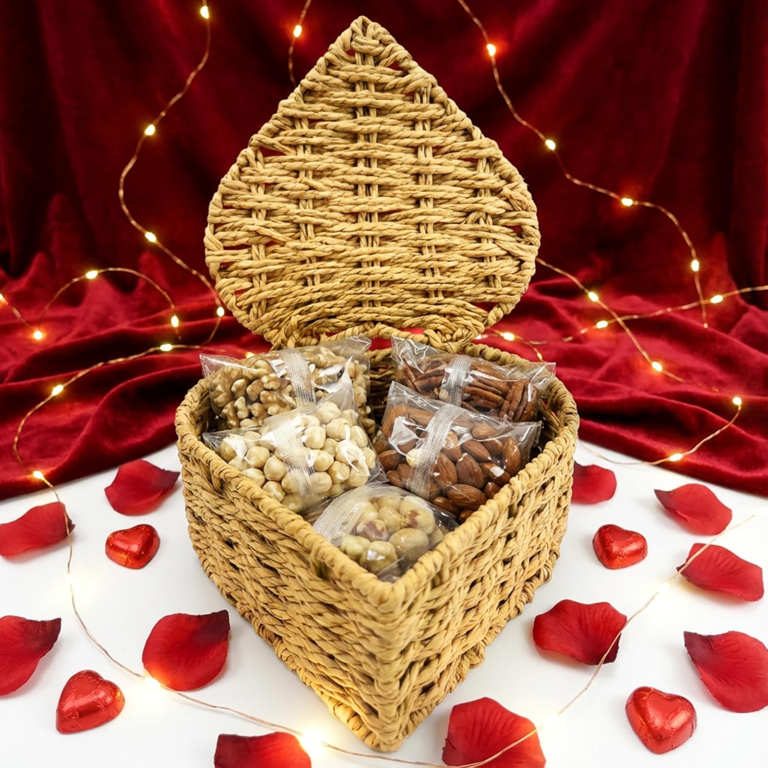 Gourmet Heart Shaped Nut Basket ? Premium Mixed Nuts Including Turkish Hazelnuts,Oregon Hazelnuts, Walnuts, Almonds, Pecans & Brazil Nuts in Mini Bags