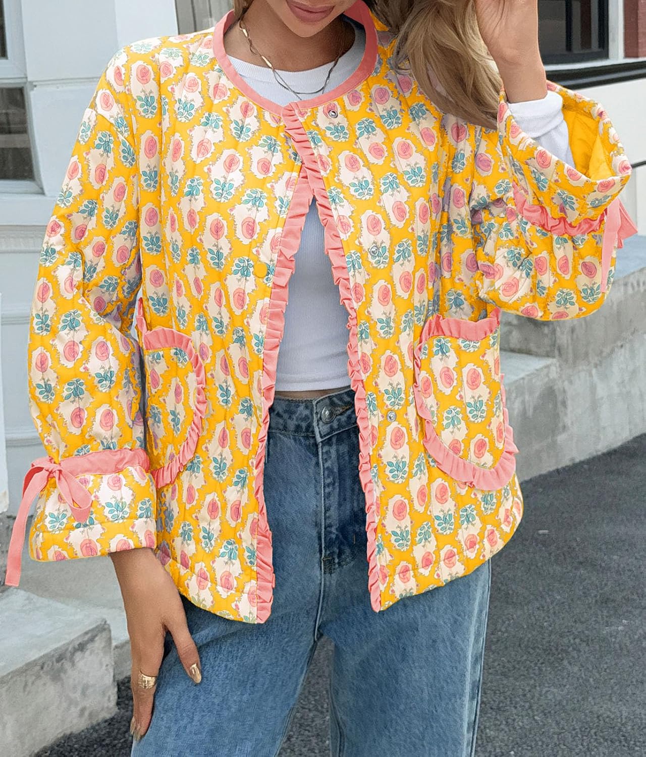 Tankaneo Womens Cropped Puffer Jacket Floral Print Open Front Quilted Jacket Bow Tie Heart Coat Lightweight Outerwear - Image 2