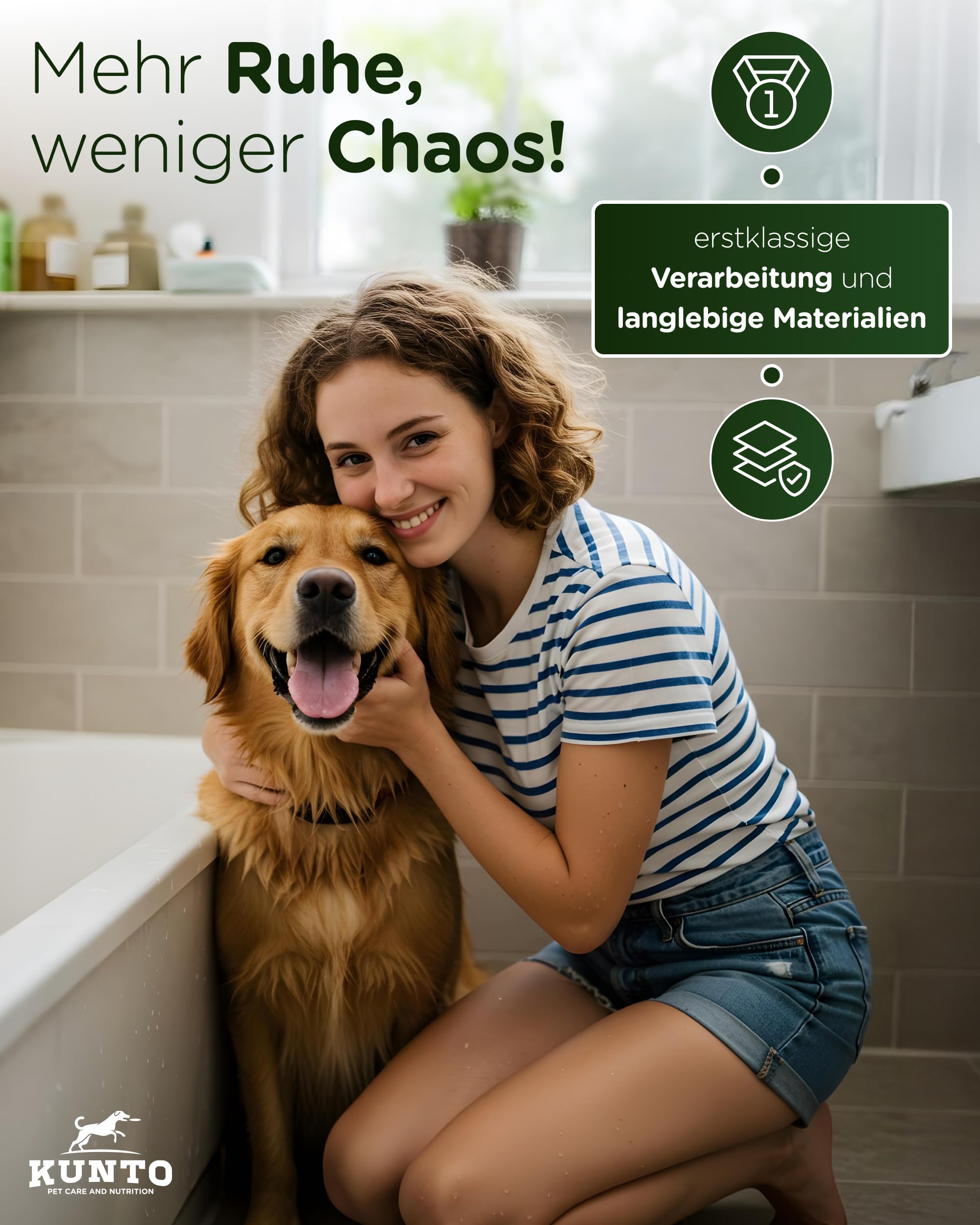 KUNTO® Hundebrausekopf inkl. Gartenschlauchadapter & Wasserstop - Hundedusche Duschkopf mit 79 Düsen, 4 Strahlarten & 30 Silikon-Massage-Borsten - Mobile Hunde-Duschbrause für drinnen & draußen