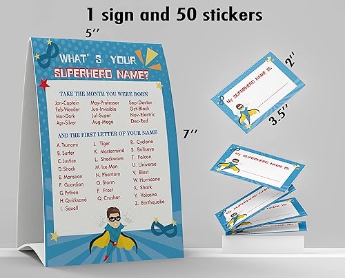 Miniatura 2 de What Your Superhero Name Game, 1 letrero temático de superhéroe y 50 etiquetas adhesivas con nombre, juego de cumpleaños para fiestas de niños y