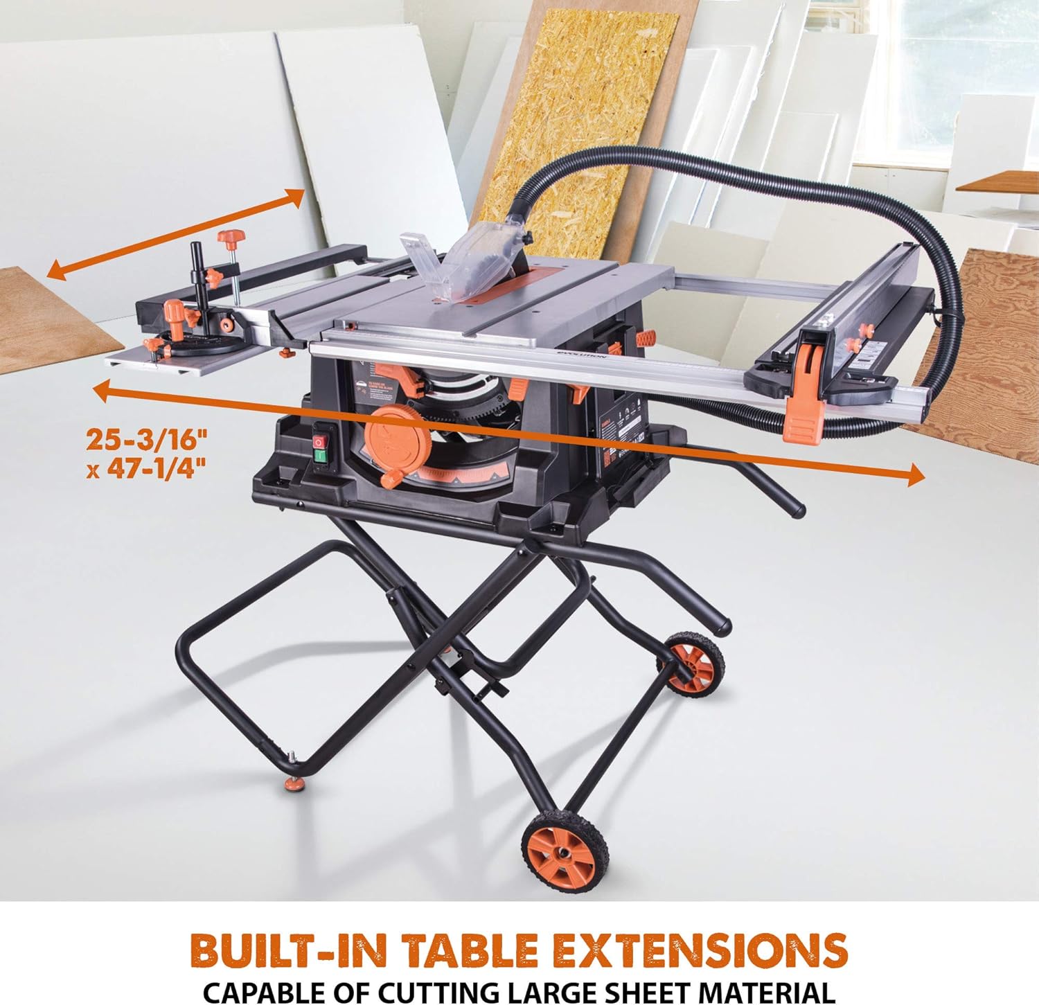 Evolution Rage 5-S Table Saw with table extensions fully deployed, showing overall dimensions