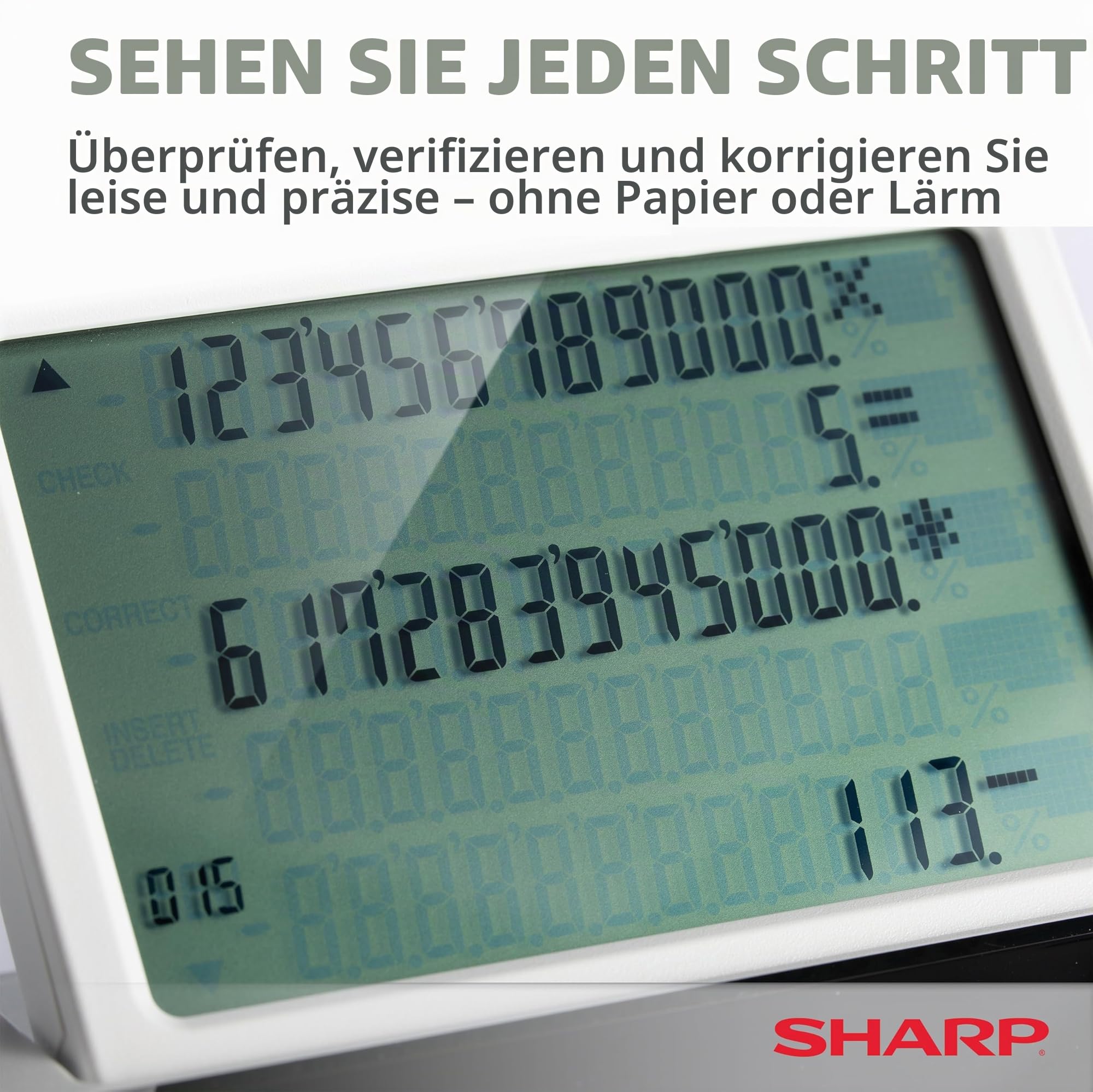 Sharp EL-1901 Anzeigender Tischrechner (Paper& Ink-Free, 12-stelliges und 5-zeiliges LCD Display) Weiß, 193 x 66 x 254 mm