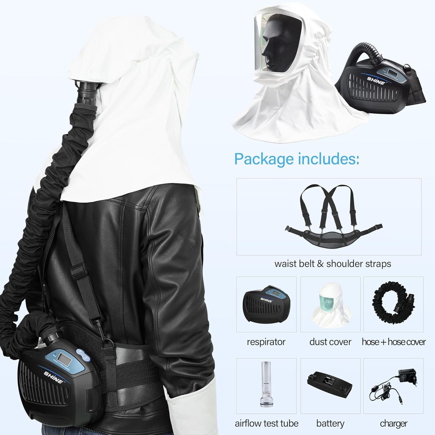 SHINE Air Purifying Respirator,Approved 3 Levels Airflow Control, High-efficiency Li-ion Battery PAPR Kit (P-SH200)