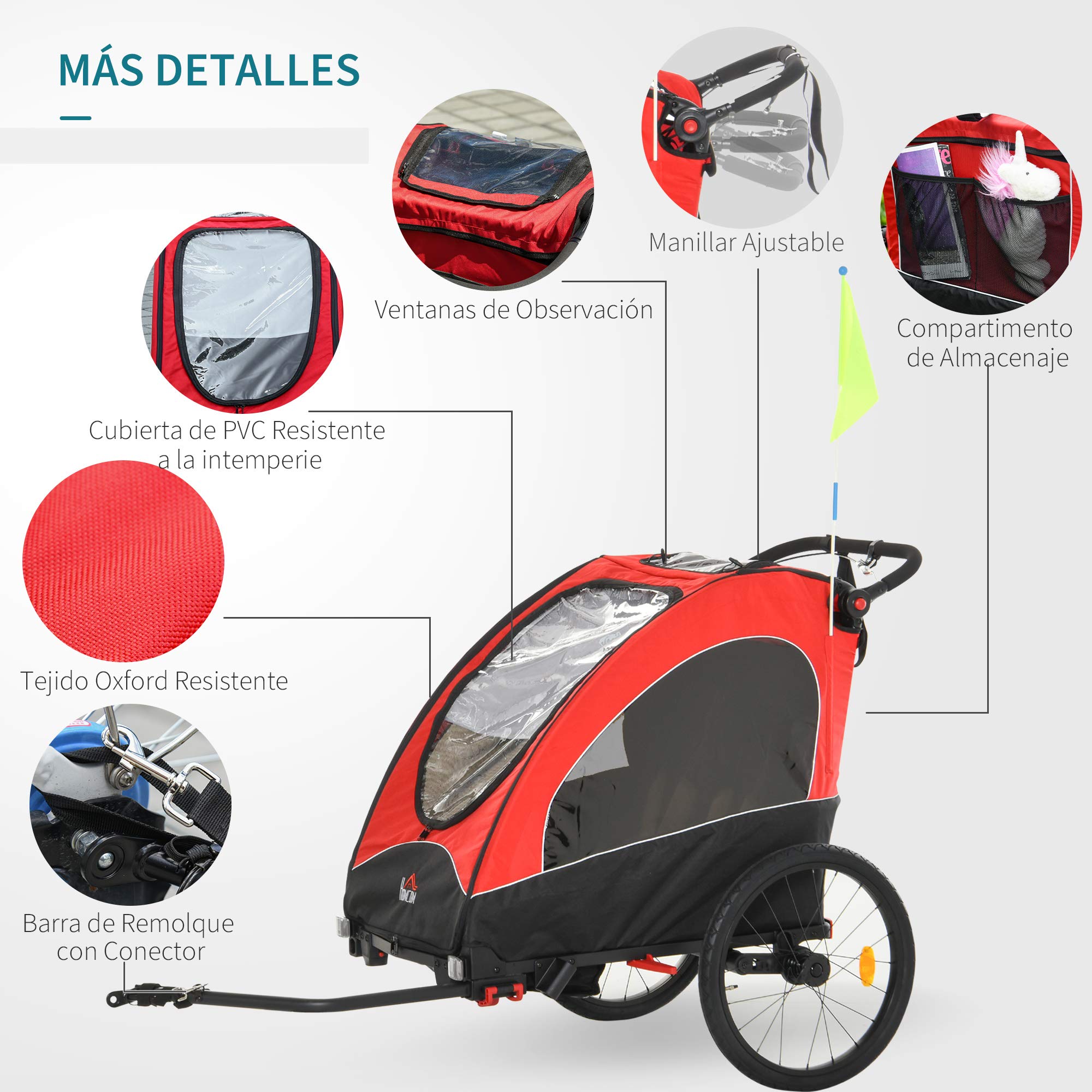 HOMCOM Remolque Infantil 3en1 para Bicicleta Carro de 2 Plazas para Niños de +6 Meses Plegable Ruedas Giratorias y Manillar Ajustable 150x85x107 cm