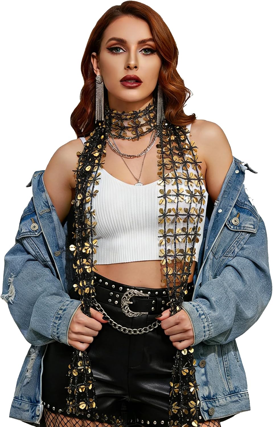 Sparkly Sequin Scarf for Women, Long Flower Neck Tie Shawl Wrap Belt, Shinny Neckerchief