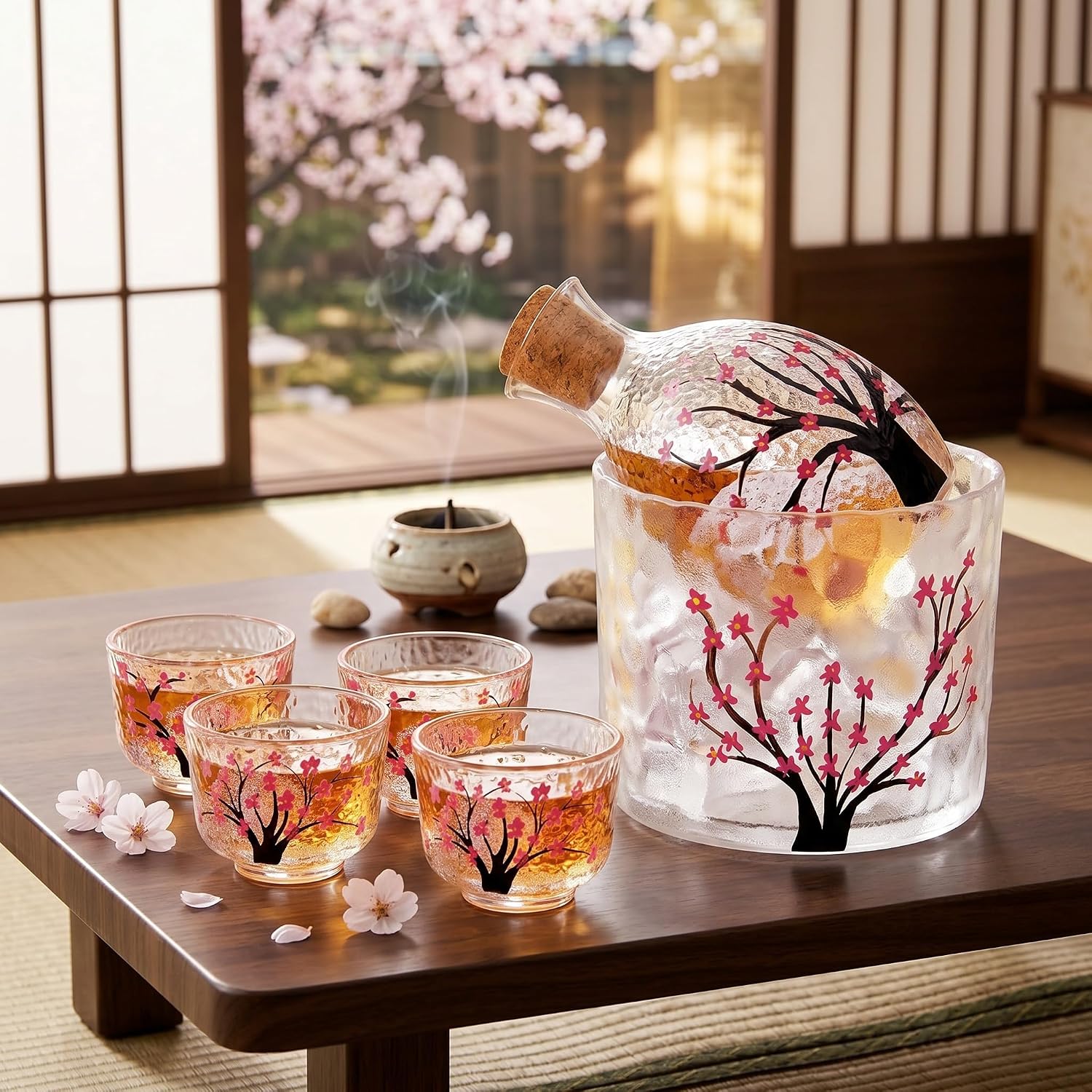 Irenare 6 Pcs Japanese Sake Set for 4, Pink Cherry Blossoms Sake Bottle Cups Set Including 1 Bottle 1 Tank and 4 Cups for Cold Hot Warm Carafe Japanese Christmas Gifts