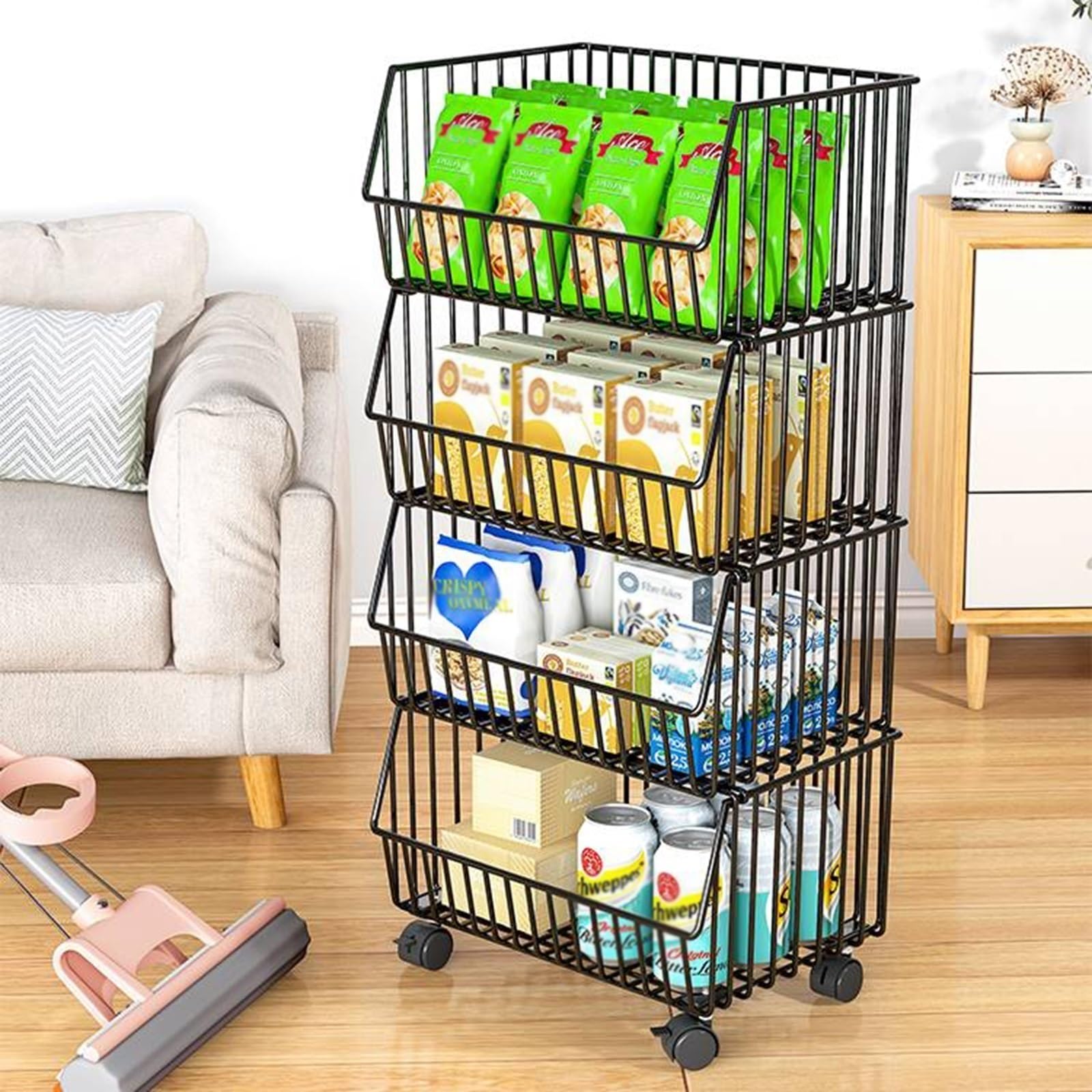 ISCBAFYX Scaffale per Verdure su Ruote a 4 Livelli - Espositore per Snack salvaspazio per Ufficio, Cucina, dispensa, Negozi al Dettaglio, dormitorio Soluzione di archiviazione Versatile con cestelli