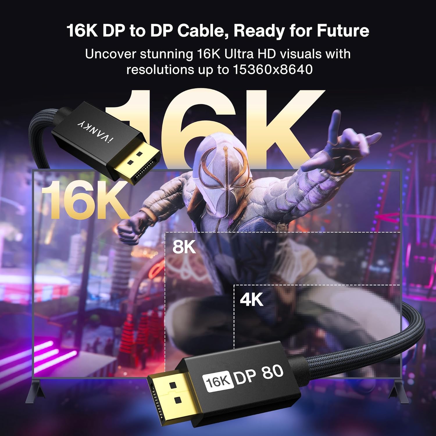 IVANKY 80Gbps DisplayPort Cable 2.1, DP Cable 16K Display Port Cord Compatible FreeSync Gaming Monitor 5090 7900XTX, 10FT