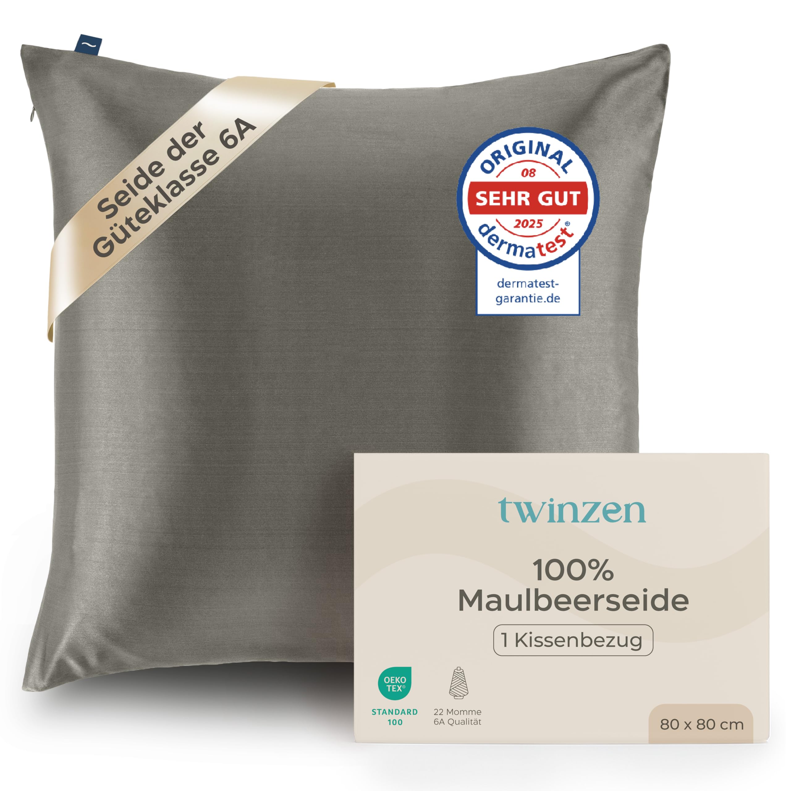 Twinzen Seidenkissenbezug 100% Silk Pillowcase 22 Momme Güteklasse 6A - Oeko-Tex Zert. für Haar und Haut