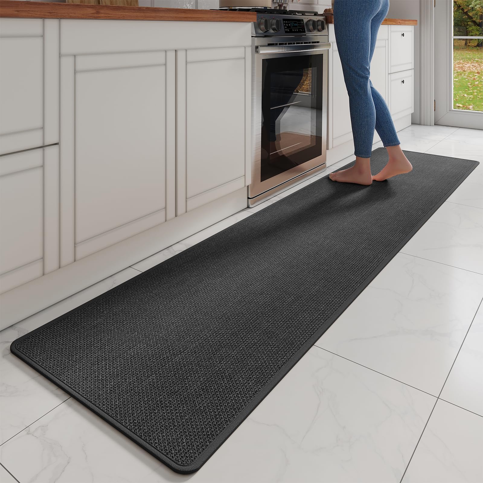 Kitchen Mats for Floor, Super Absorbent Kitchen Rugs Non Slip Washable, Soft Imitation Linen Braided Kitchen Runner Rug, Standing Mat Kitchens Sink Mat, Easy to Clean, Black 17x95