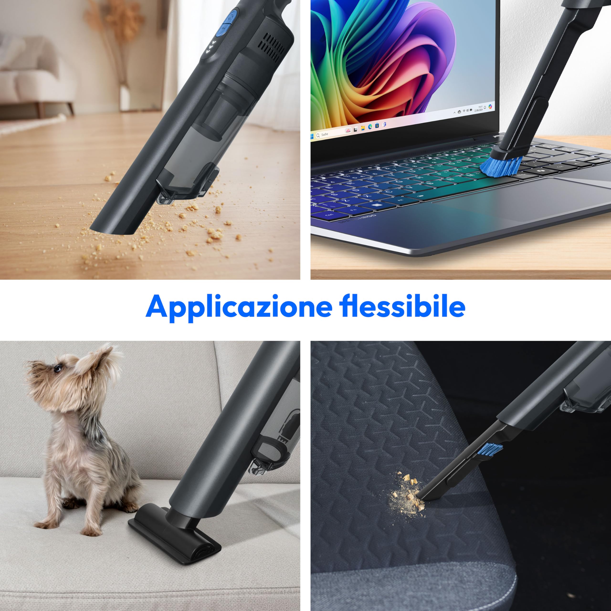 MEDION Aspirapolvere portatile (motore BLDC, filtro HEPA 13, filtraggio di polvere e allergeni, potenza aspirante 20 kPa, batteria, base di ricarica, senza fili, MD12057), grigio