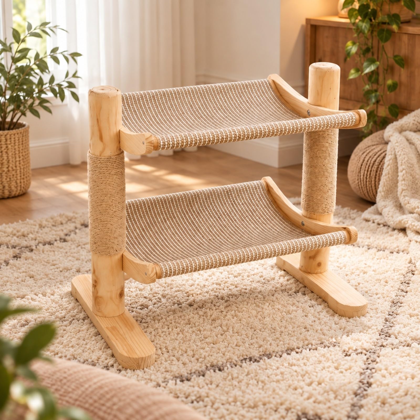Albero per in Legno Massello Robusto Tiragraffi con Piattaforme di Riposo Spazioso Tiragraffi con Colonne in Sisal per Casa, Due Montanti Due Livelli
