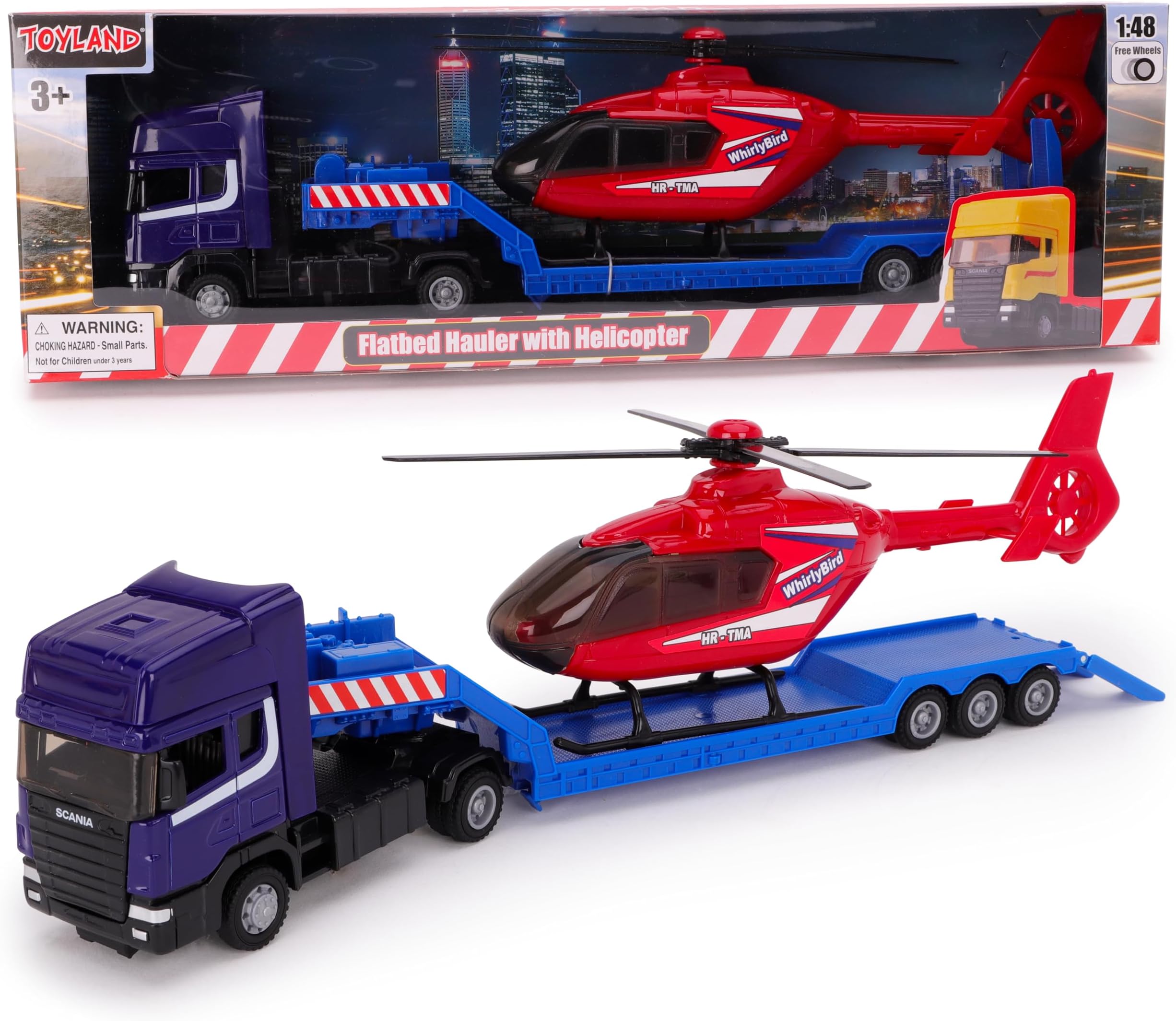Toyland® 31cm (12”) Scania Flatbed Hauler With Helicopter & Detachable Trailer - 1:48 Scale Model Vehicle - Die-Cast Collectable Transport Toys (Blue & Red)