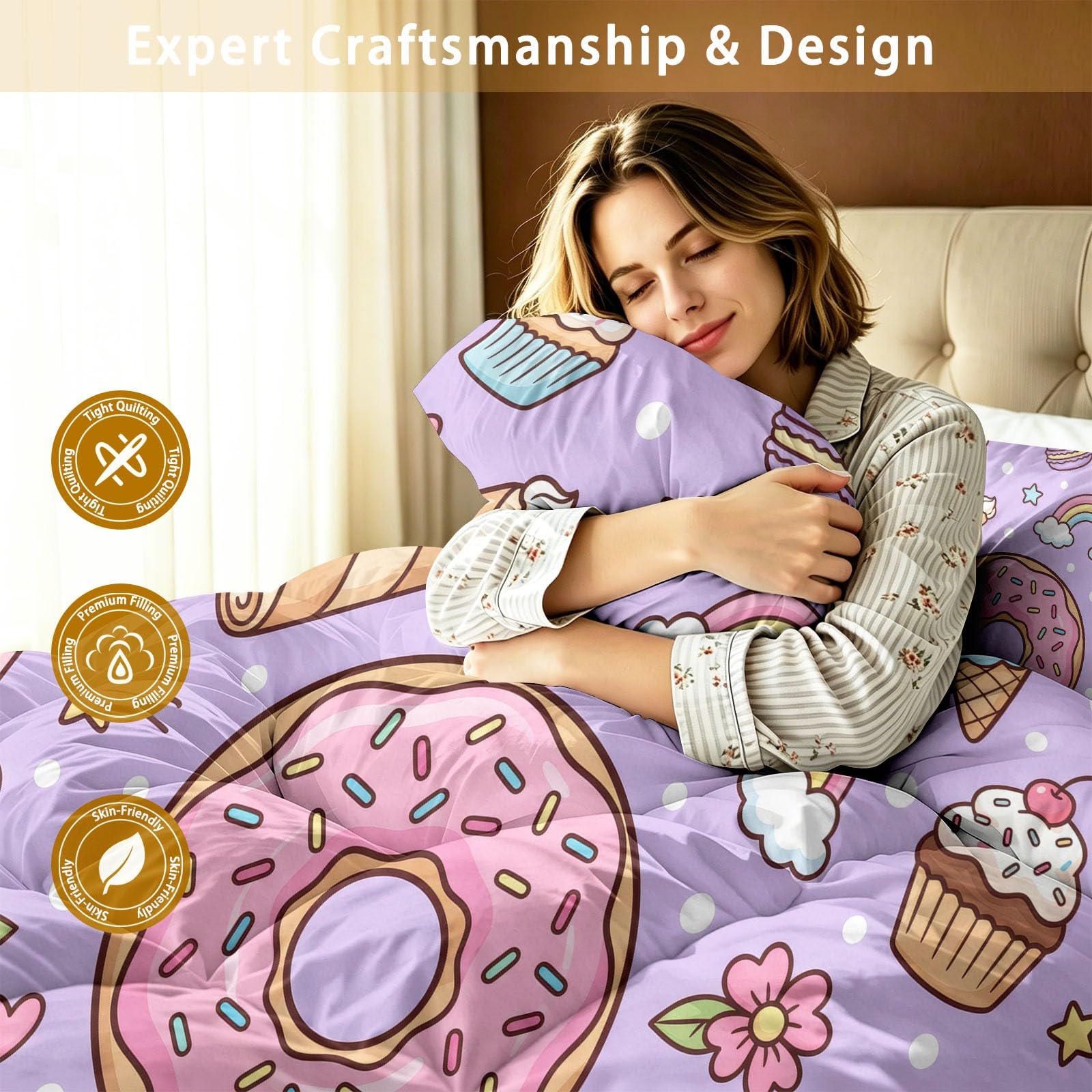 Doppelseitig Bettdecke 135 x 200 cm, Cartoon Muster Wende Bettdecken, Donut Teddybär Milchtee Waschbare Bettdecke ohne Bezug mit 2 Kissenbezüge, Rosa Lila Weich Steppdecke für alle Jahreszeiten