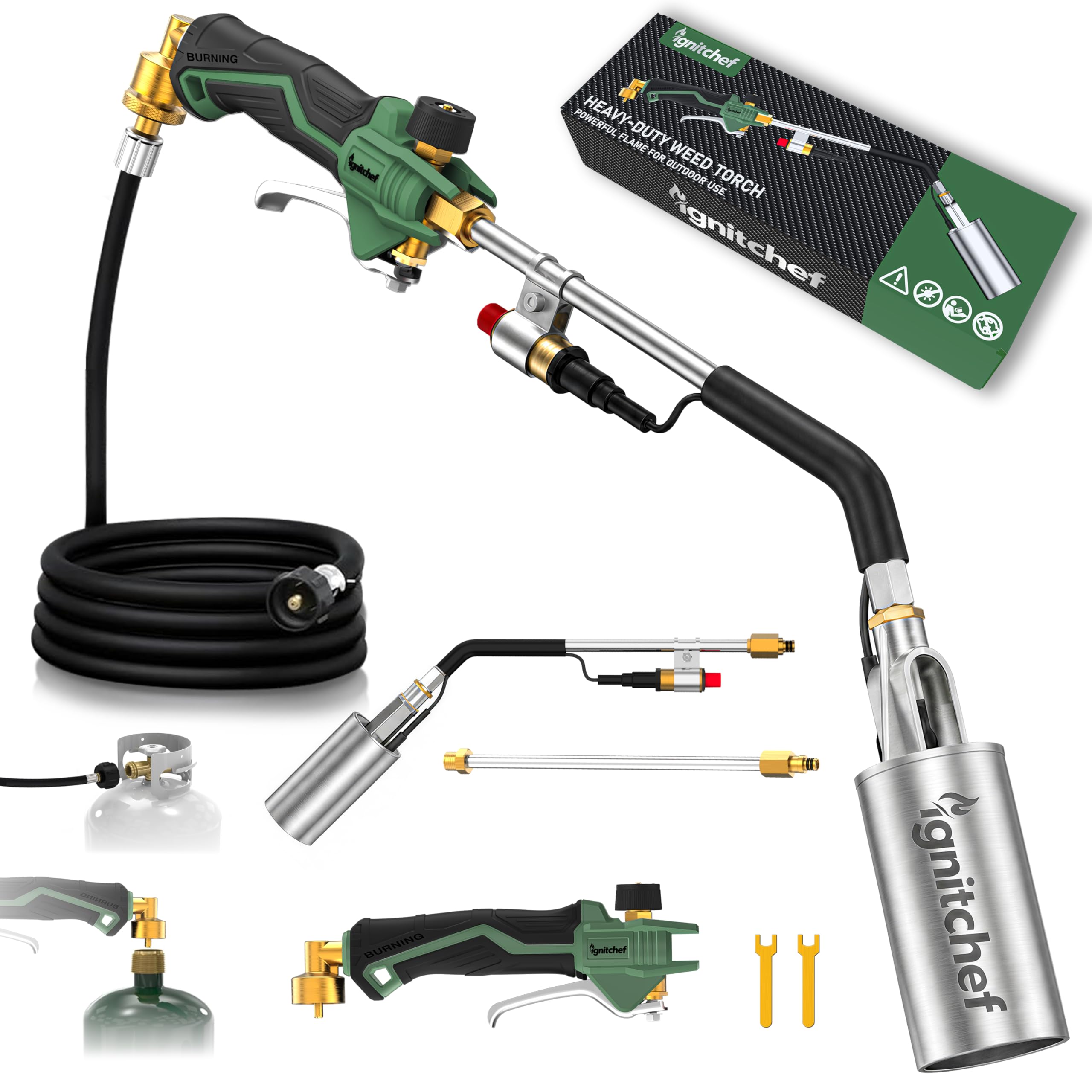 CSA Certified Propane Torch Weed Burner With 12.5-ft Hose Kit, High Output 340,000 BTU Weed Torch with Self Igniter and Turbo Trigger, Long/Short Mode, Dual Fuel Support for Garden, Ice, BBQ