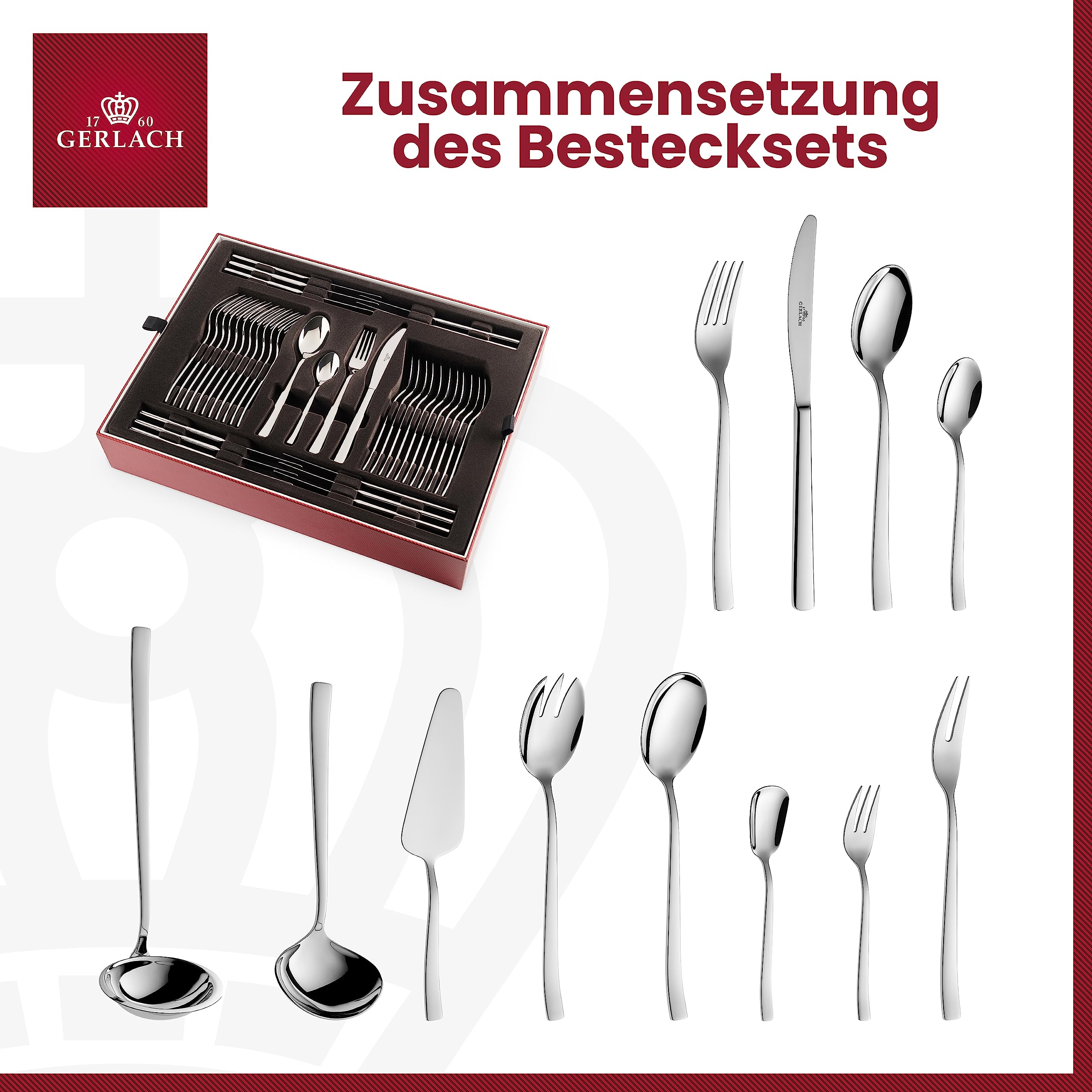 Gerlach Onda Besteck-Set 12 Personen Spülmaschinenfest Essbesteck Edelstahl Tafelbesteck Messer Gabel Löffel Teelöffel Kuchengabel Soßenlöffel Kuchenspachtel Glänzend Rostfrei 68 Stk