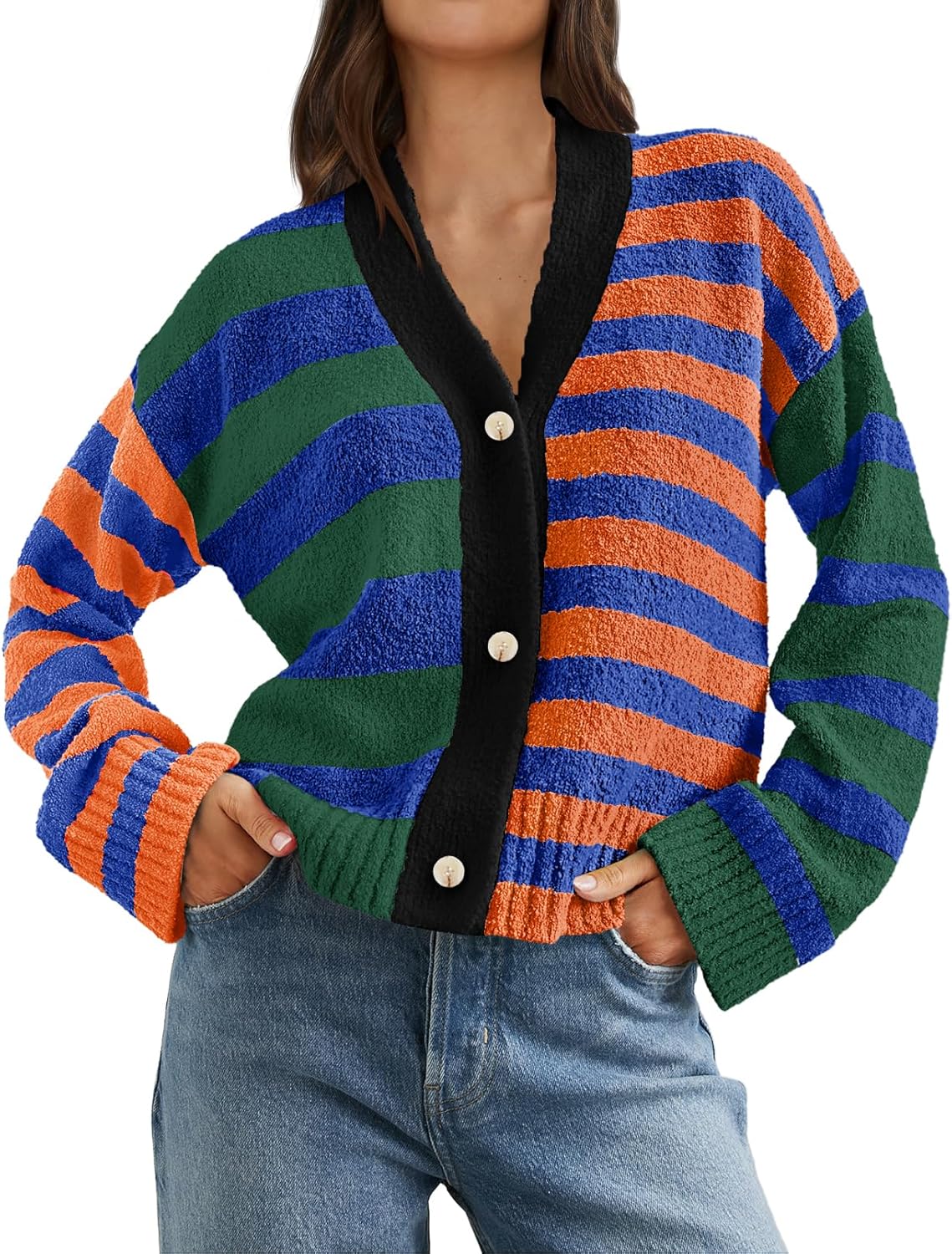 MEROKEETY Women's Striped Cardigan Sweaters Color Block Fuzzy Knit Coat Button Down V Neck Outfits Orange Small