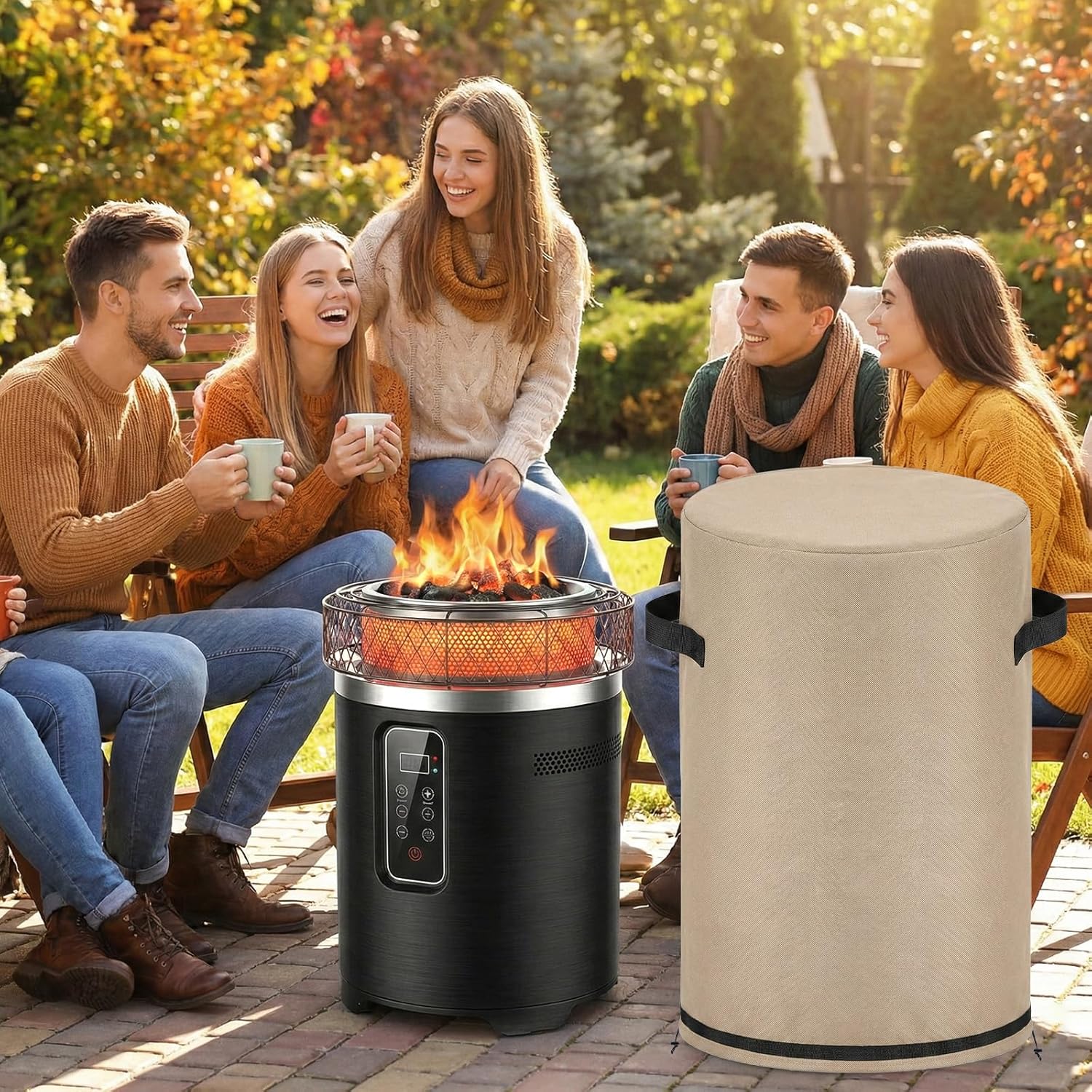 Fire Pit Cover 23.6x23.6x29.1 in, Waterproof 600D Oxford Fire Pit Cover for Firepit, UV & Dust Resistant Outdoor Protective Cover with Drawstring & Handles (Khaki)