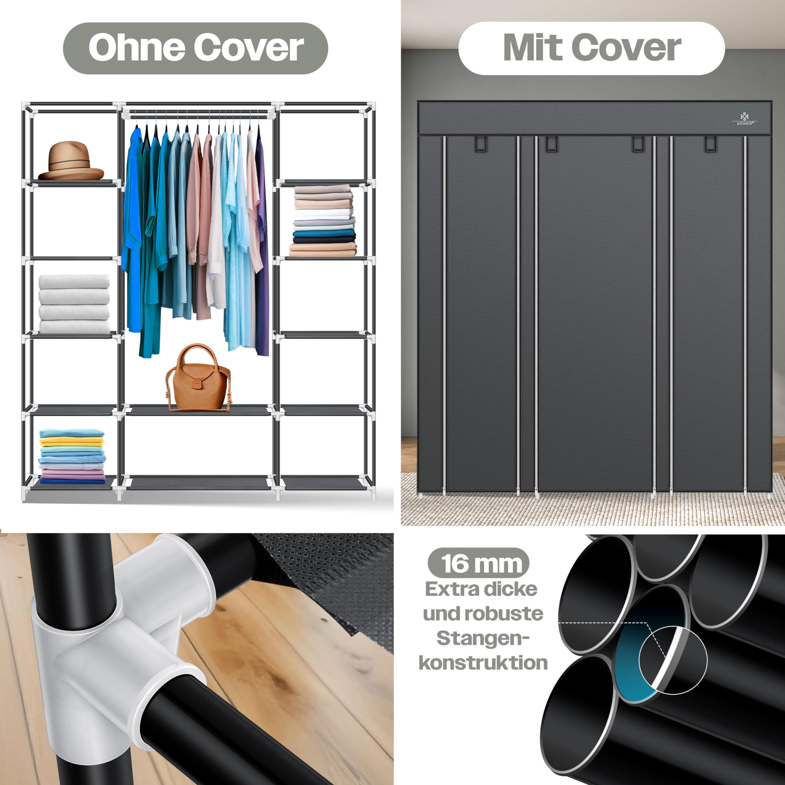 KESSER® Armoire en Tissu Solide avec Tringle à vêtements et étagères, 5 cintres Inclus, Armoire Pliante en Tissu pour Chambre à Coucher, Dressing avec Porte-Manteau 150 x 45 x 175 cm Anthracite