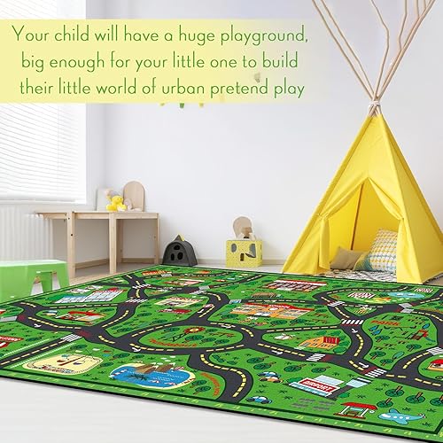 Miniatura 4 de Tinideya Alfombra de juegos para niños, alfombra de automóvil de jugador, 4 x 6 pies, tapete educativo para mapa de tráfico, área de juegos para