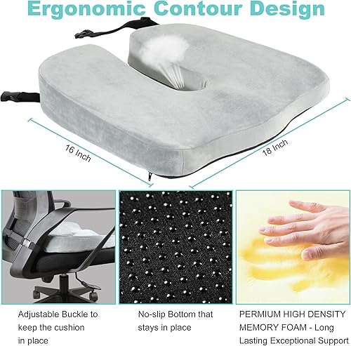 Miniatura 4 de Cojín de alivio del dolor de ciática para sillas de oficina, corte en U extendido de 10 pulgadas, coxis, cojín de espuma viscoelástica para silla de