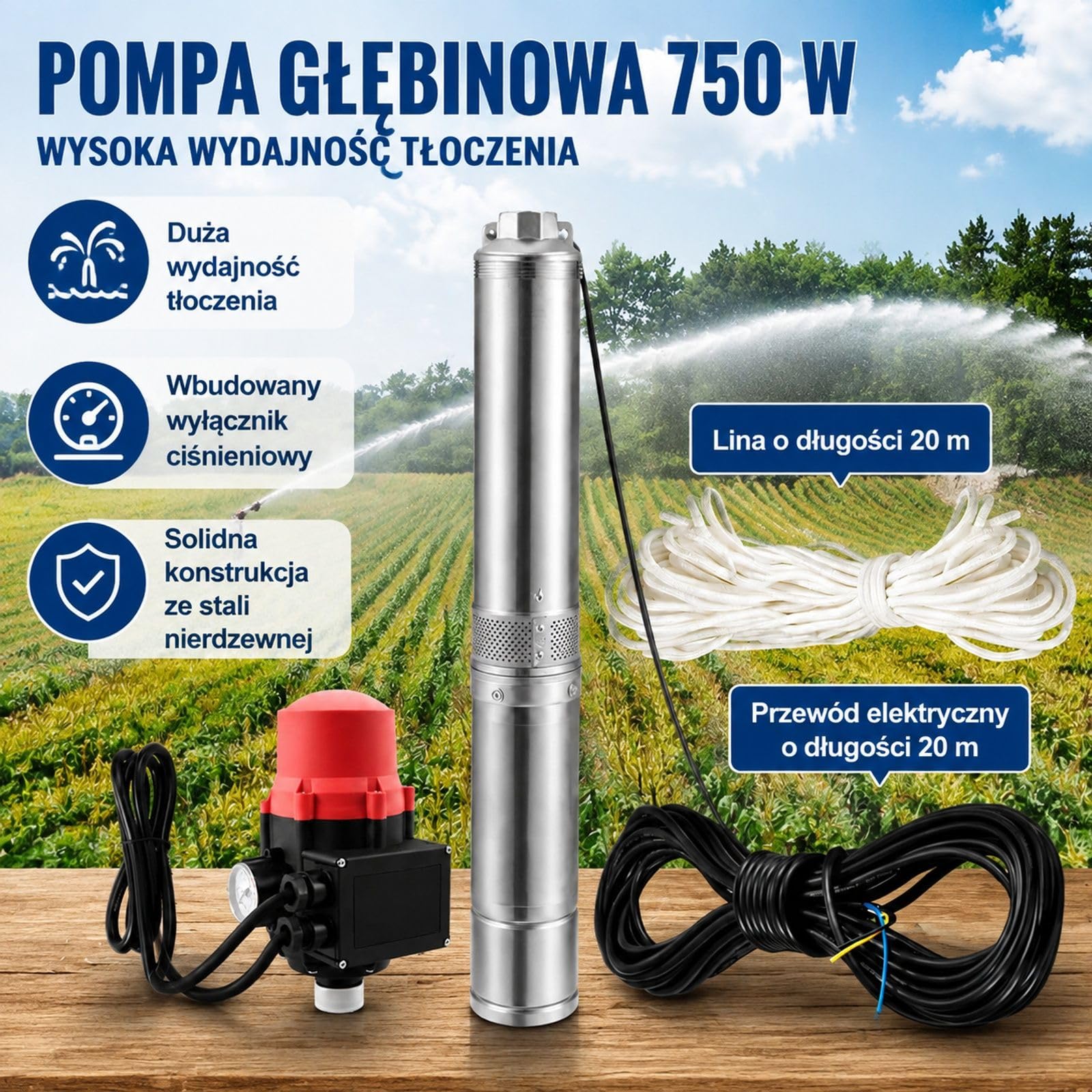Pompa głębinowa 750 W, 105 l/min, wysokość podnoszenia 62 m, stal nierdzewna, kabel 20 m, do nawadniania i zaopatrzenia w wodę