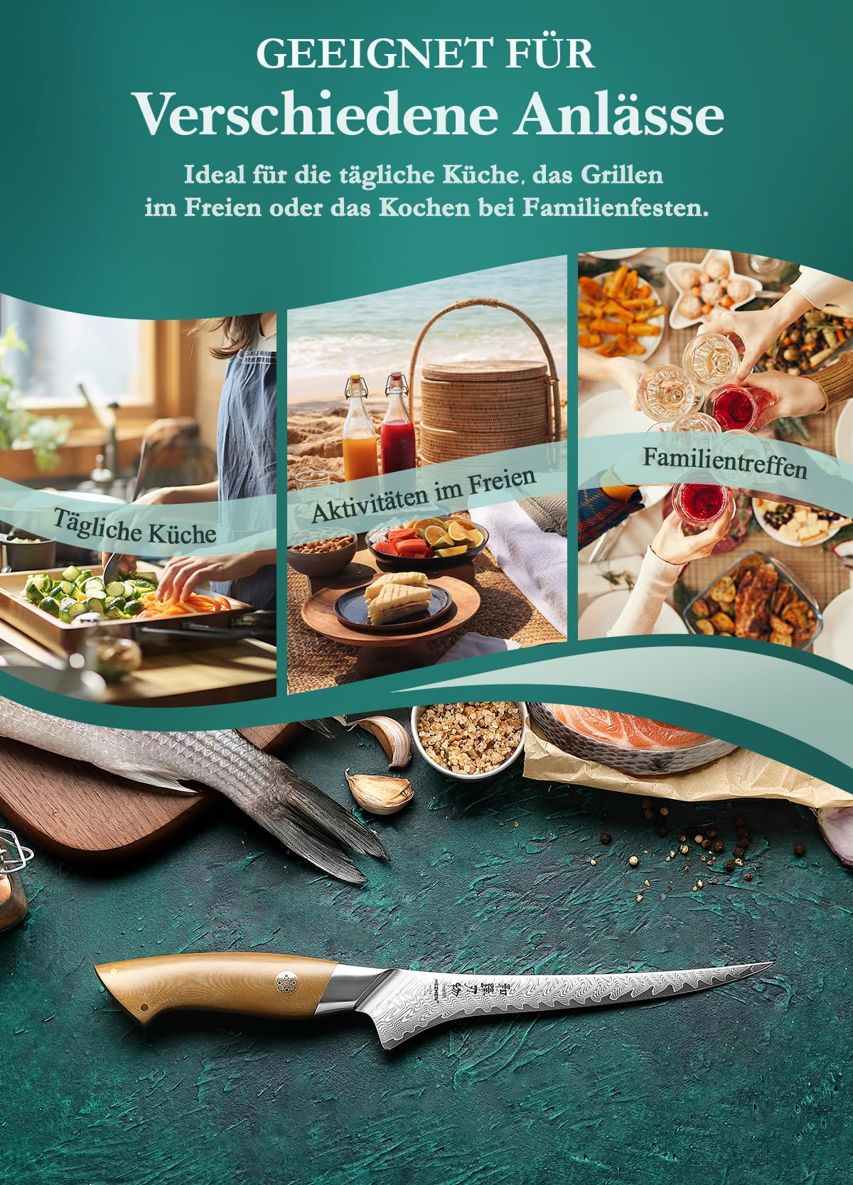 HEZHEN Damaststahl Filetiermesser, Professionelles Fischmesser, Damast Ausbeinmesser Profi, Full Tang Griff aus Leinen Micarta