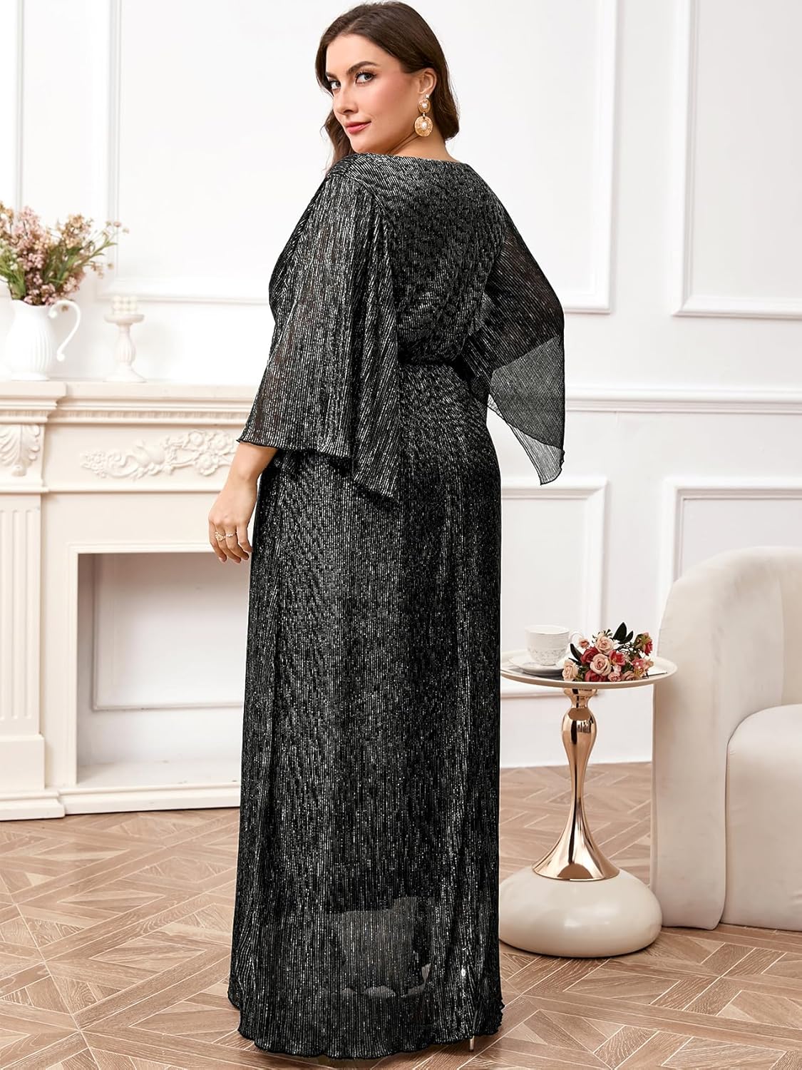 Plus Size Formal Dress Maxi Sparkly V Neck A-line Handkerchief Sleeve Evening Gown Wedding Guest Cocktail Gala - Image 6