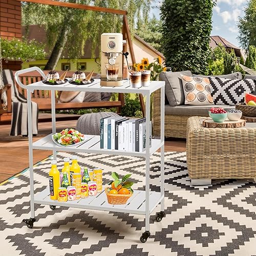 Miniatura 5 de GWAREZ Outdoor Three-Shelf Dining Cart with Wheels Utility BBQ Food Prep Table Movable Grill Cart Picnic Cart for Bar, Patio, Camping, Back Yard,